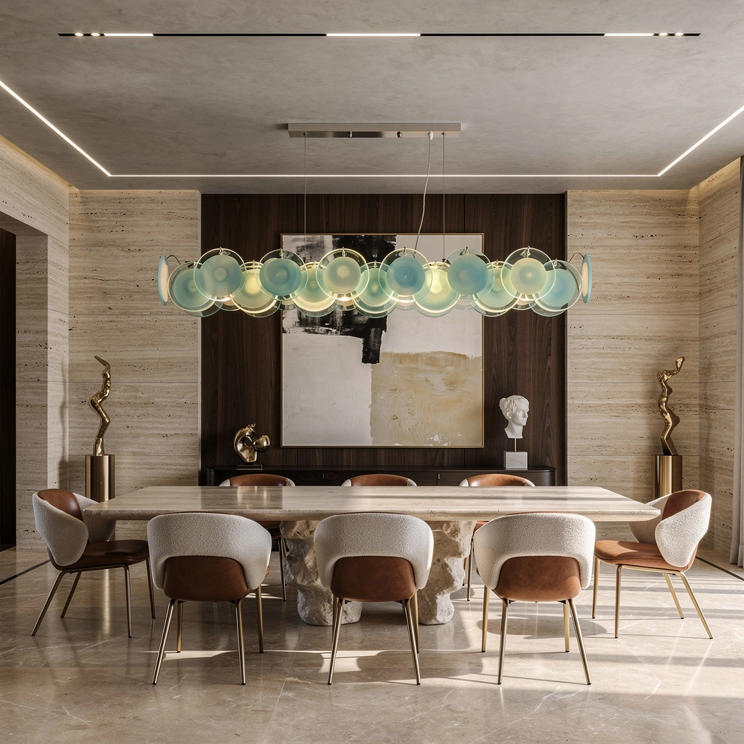 Modern Blue Iridescent Glass Disc Linear Chandelier