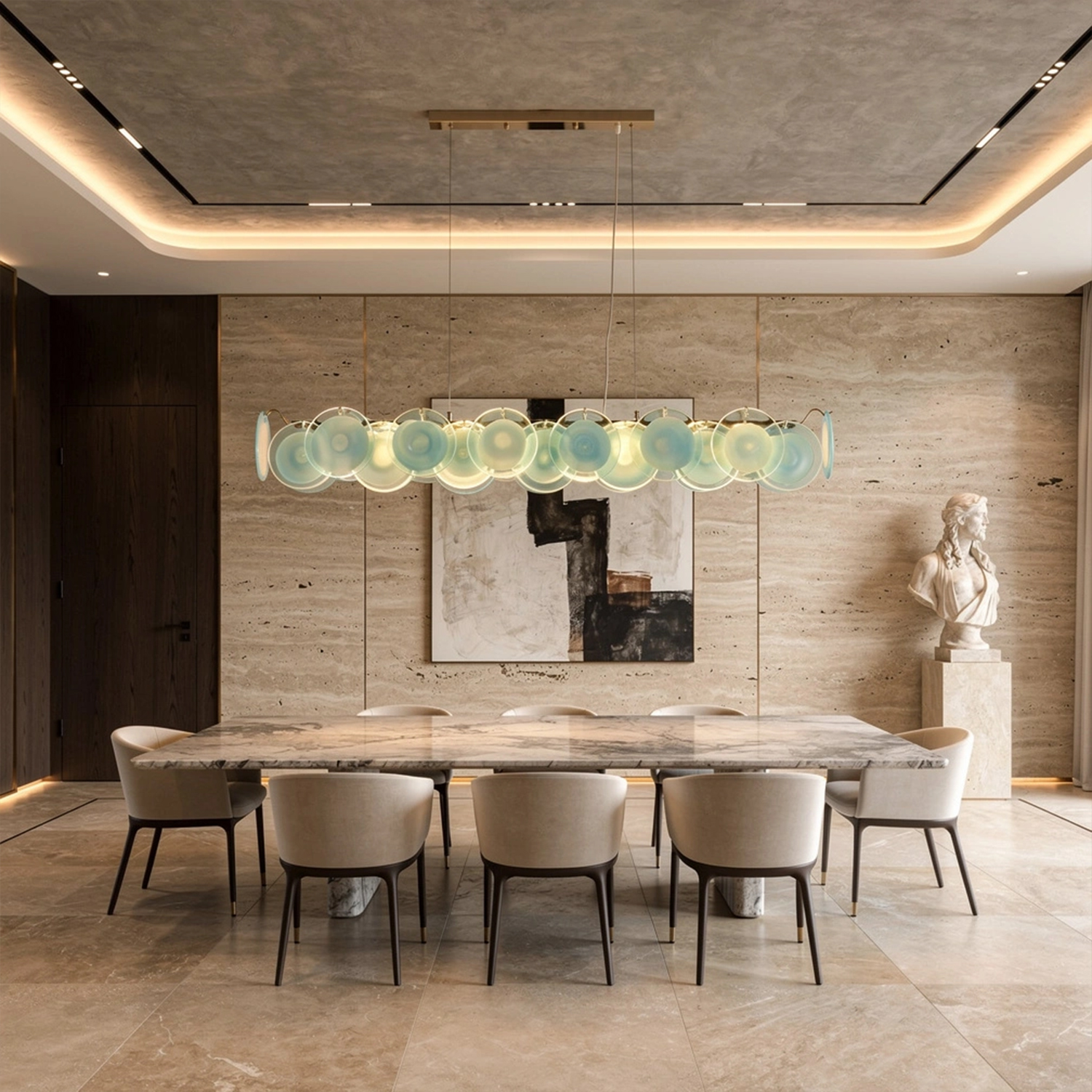 Modern Blue Iridescent Glass Disc Linear Chandelier