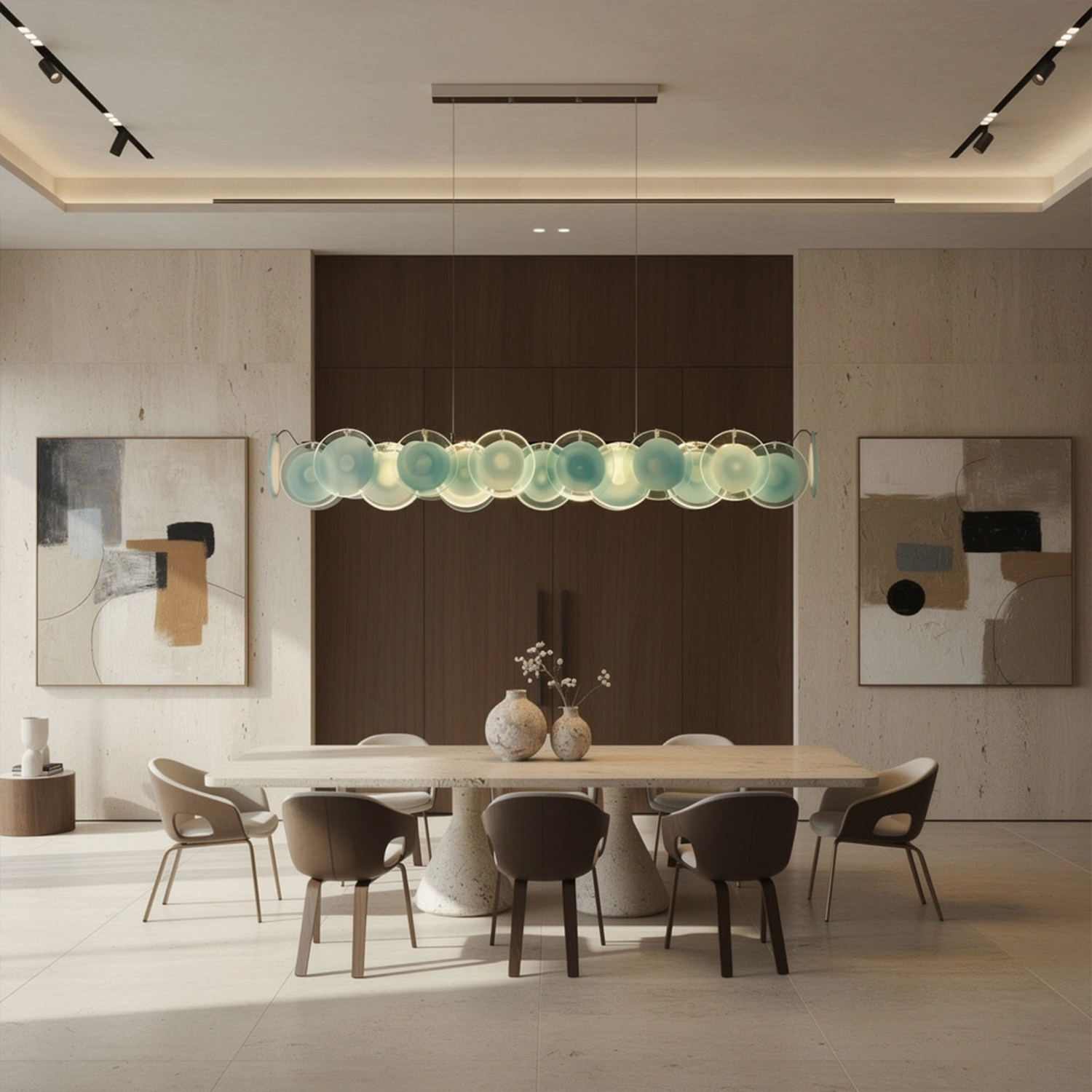Modern Blue Iridescent Glass Disc Linear Chandelier