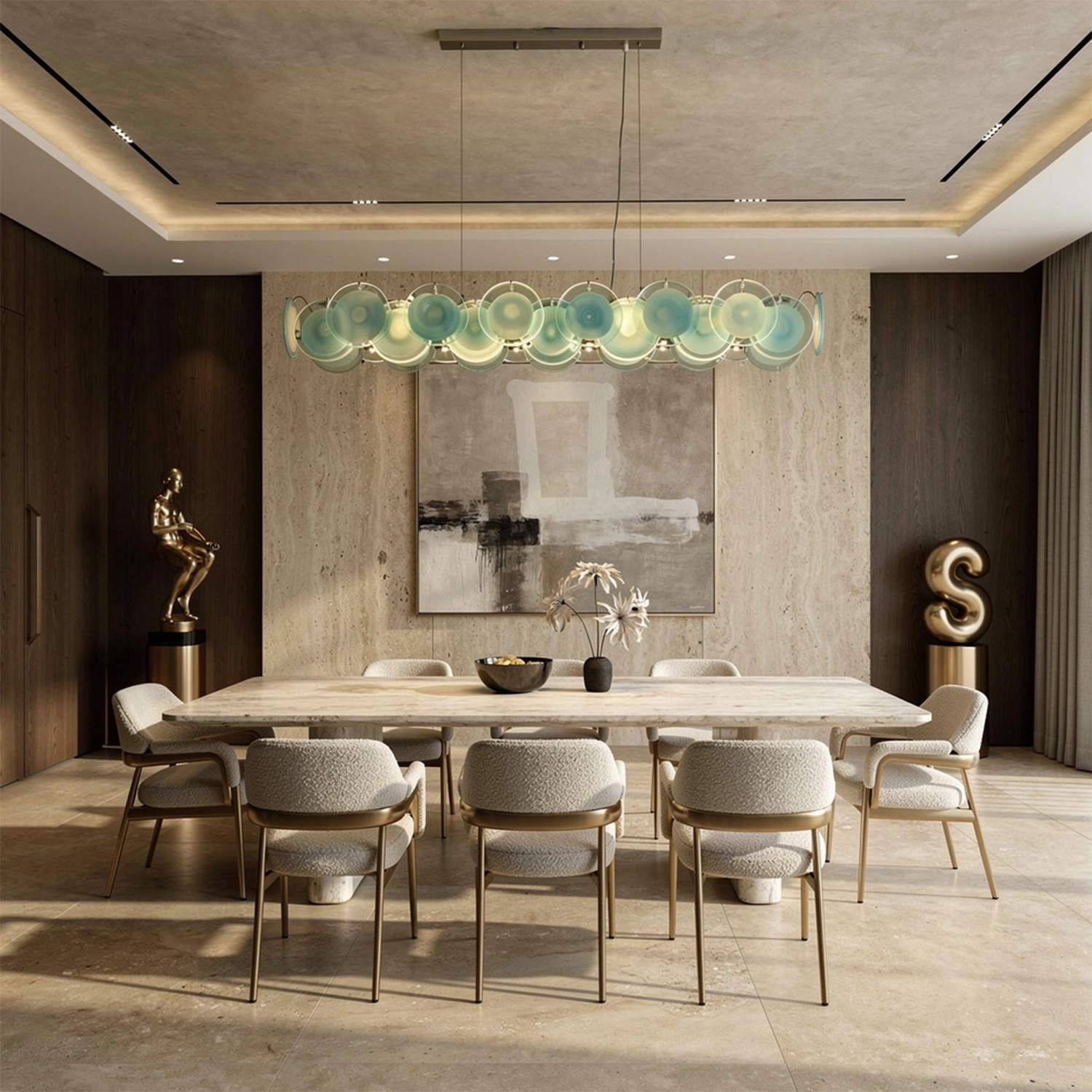 Modern Blue Iridescent Glass Disc Linear Chandelier