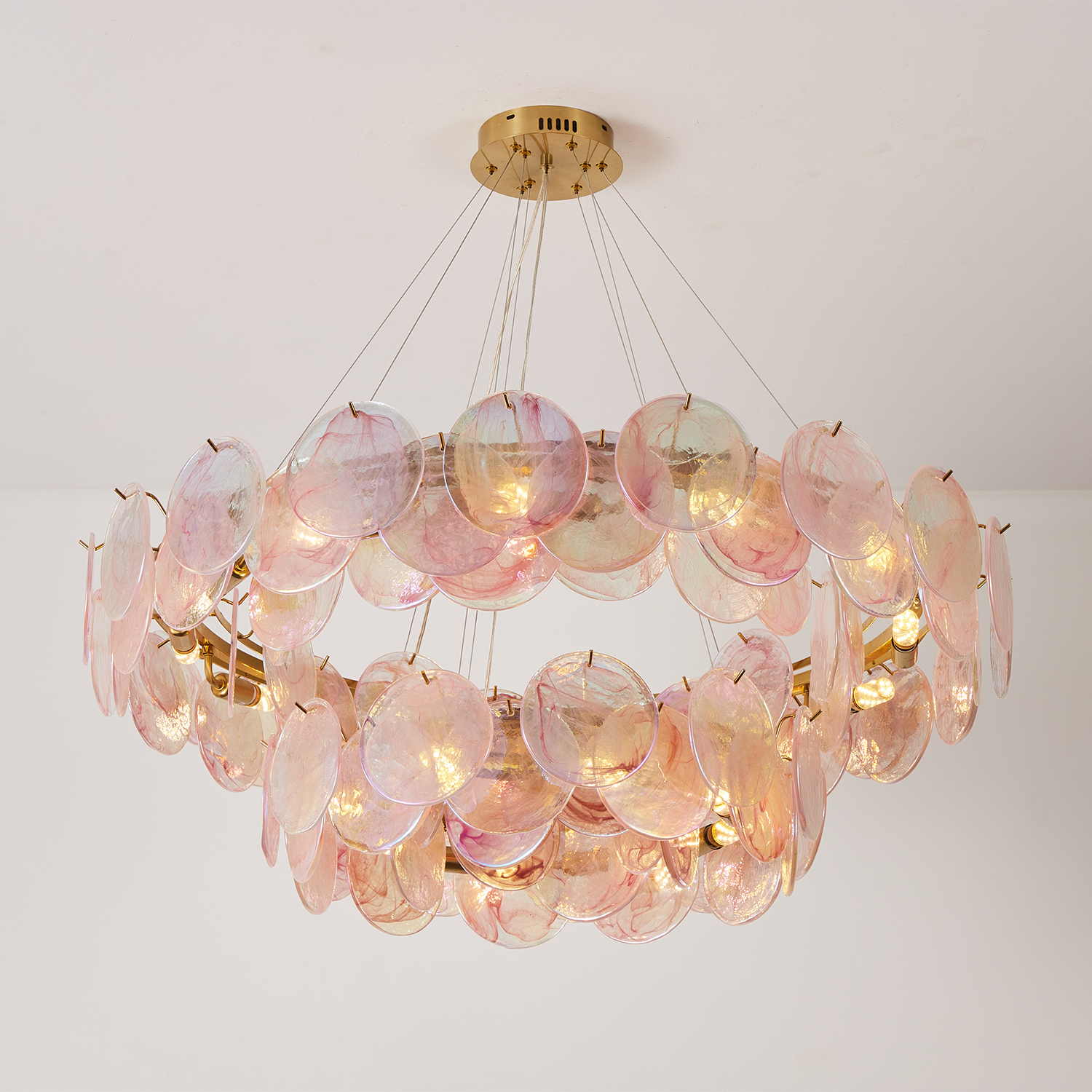 Modern Blush Iridescent Glass Disc Chandelier
