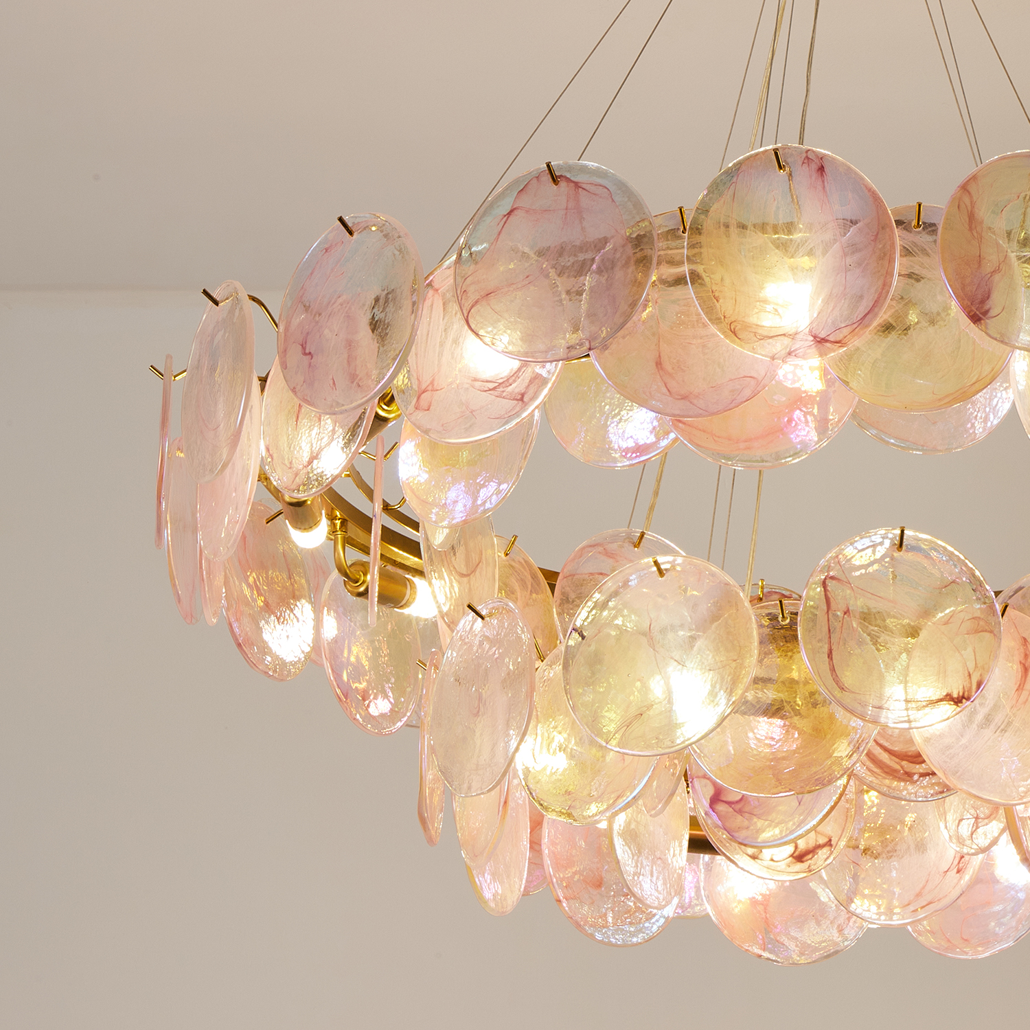 Modern Blush Iridescent Glass Disc Chandelier