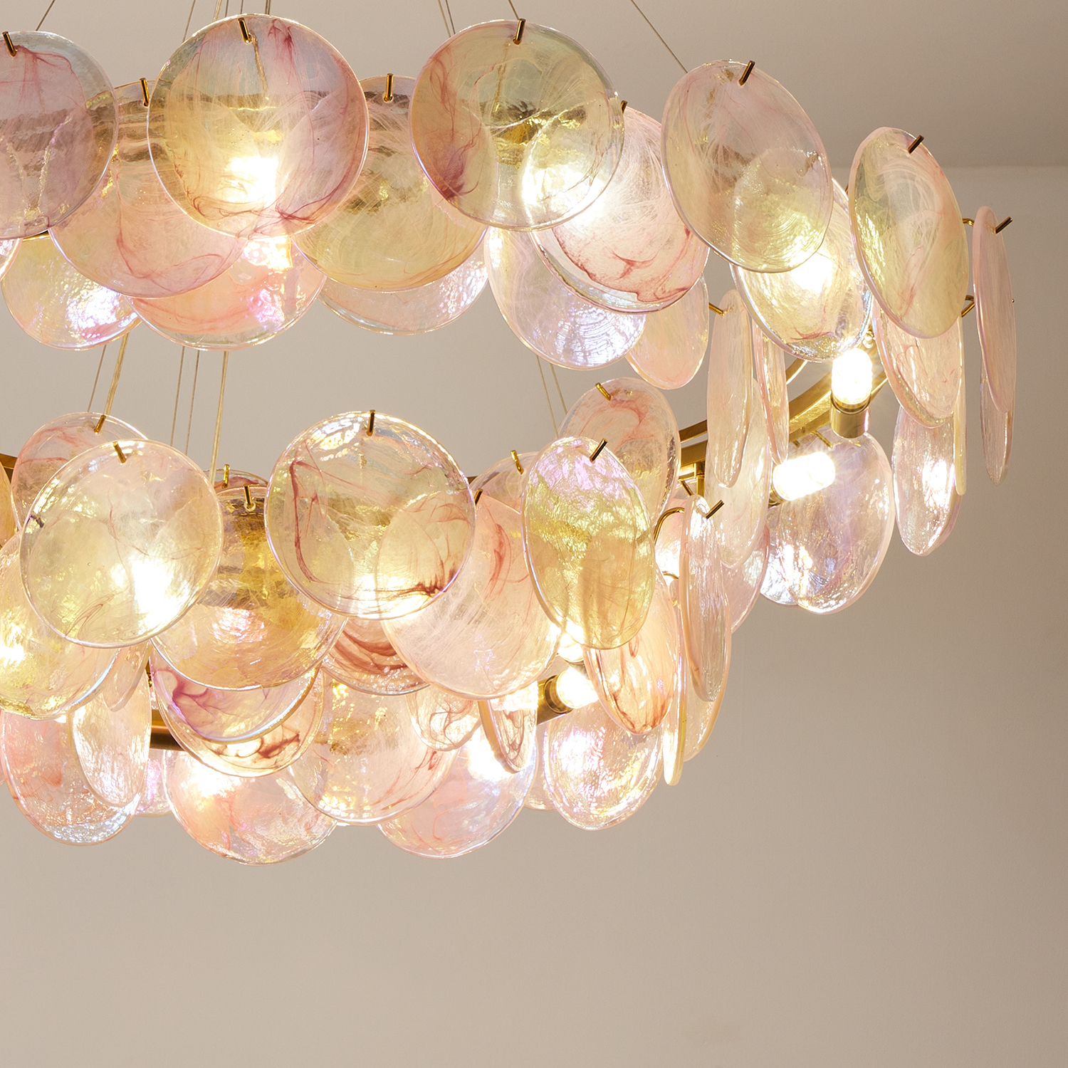 Modern Blush Iridescent Glass Disc Chandelier
