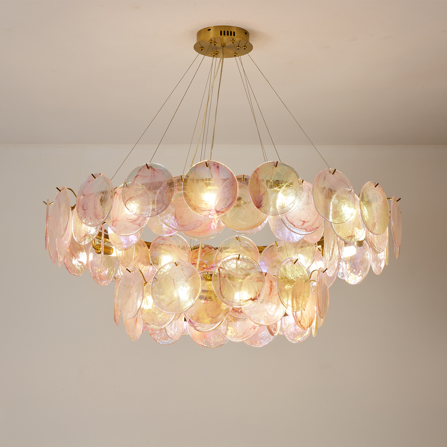 Modern Blush Iridescent Glass Disc Chandelier