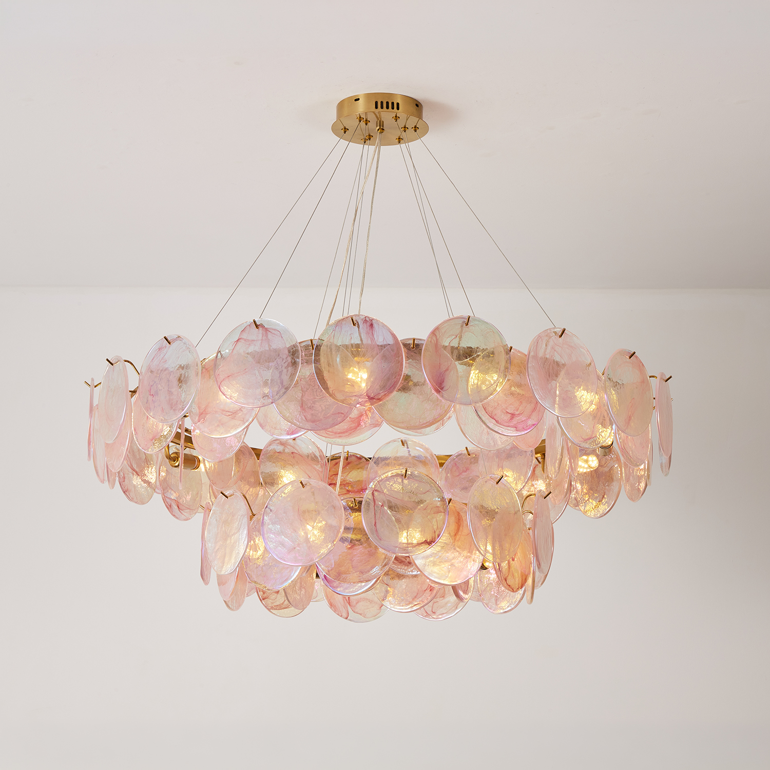 Modern Blush Iridescent Glass Disc Chandelier
