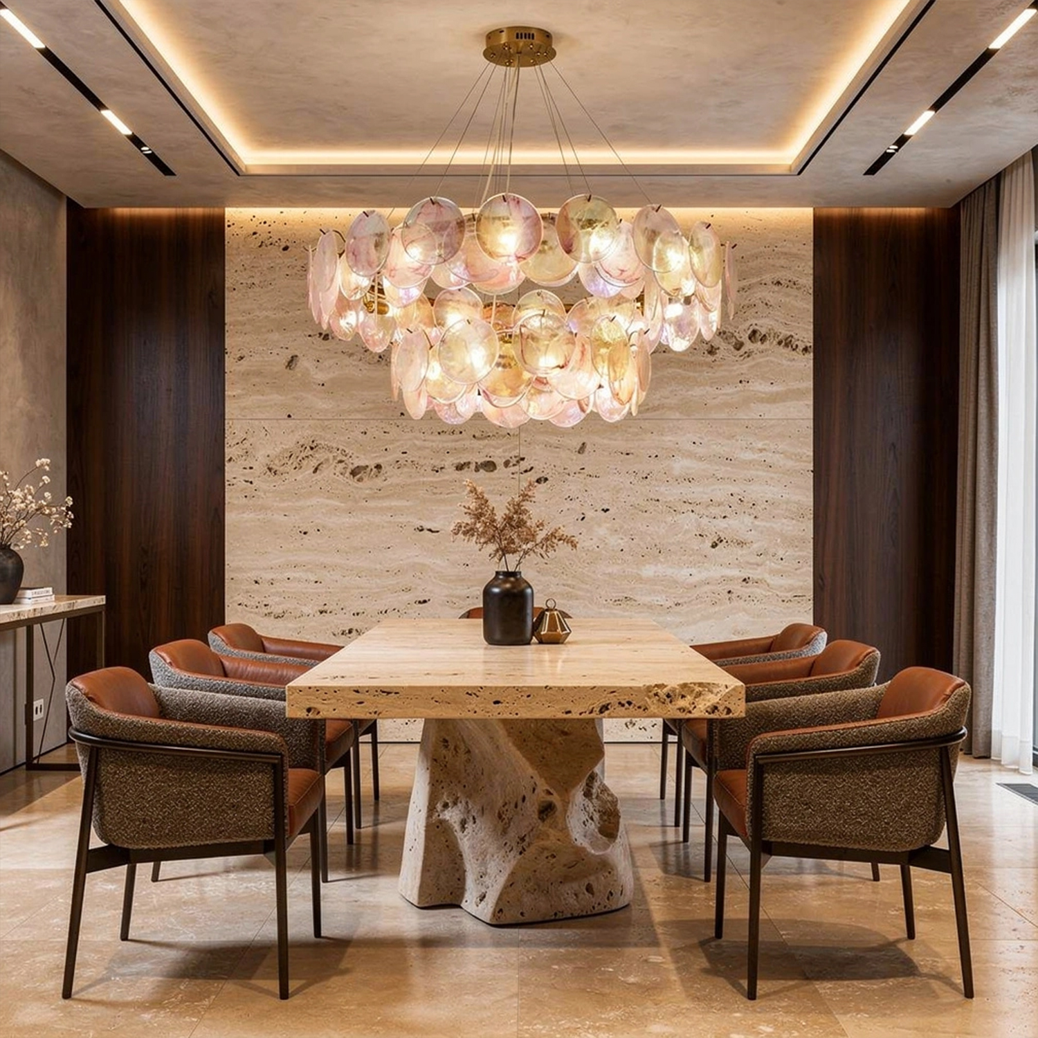 Modern Blush Iridescent Glass Disc Chandelier