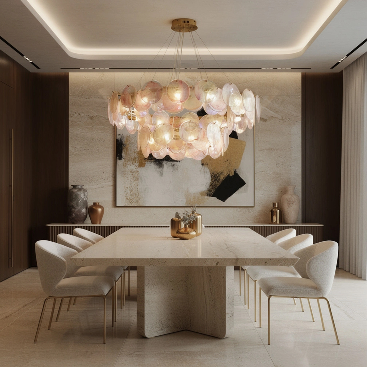 Modern Blush Iridescent Glass Disc Chandelier