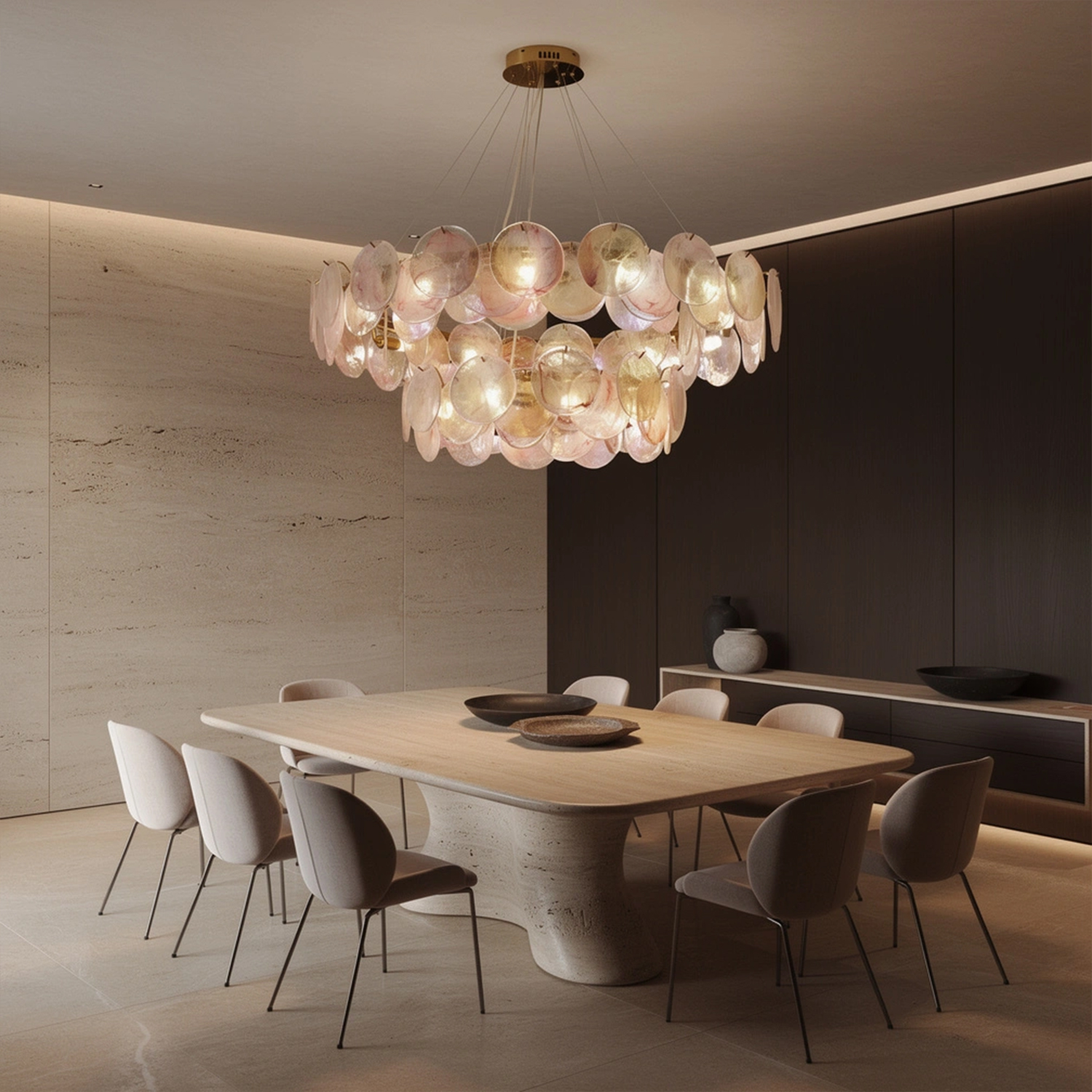 Modern Blush Iridescent Glass Disc Chandelier