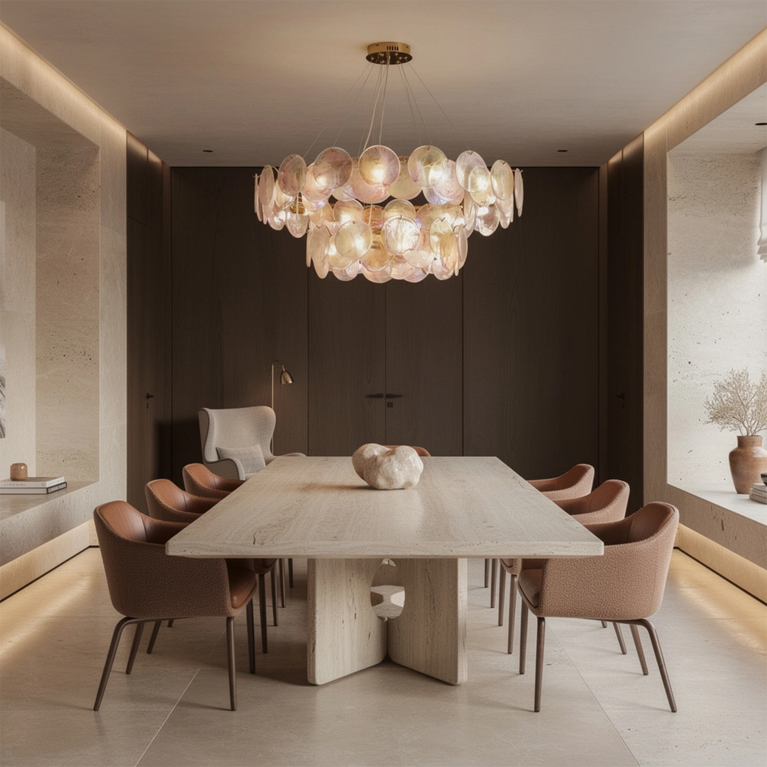 Modern Blush Iridescent Glass Disc Chandelier
