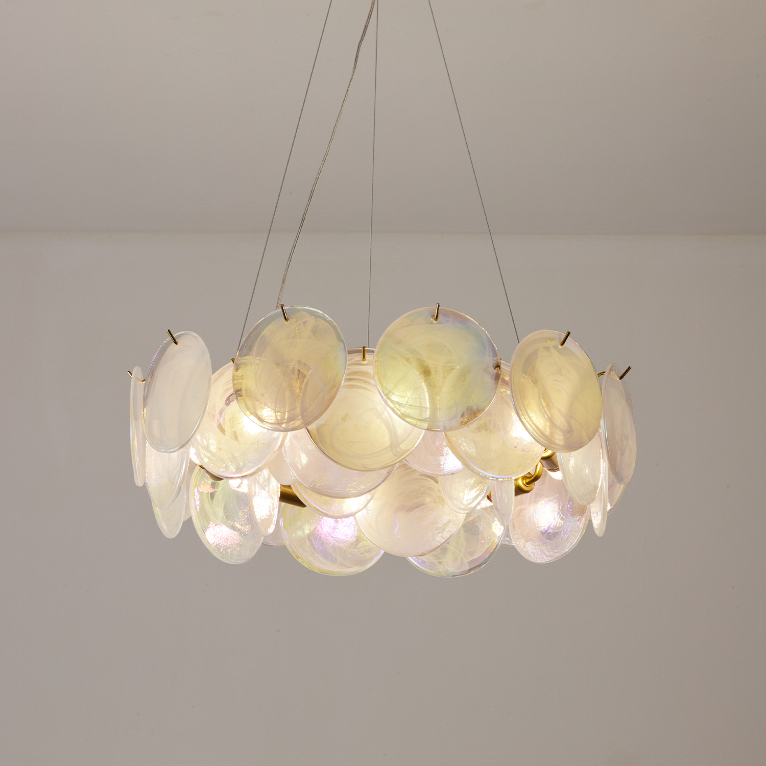 Modern Pearl Iridescent Glass Disc Chandelier