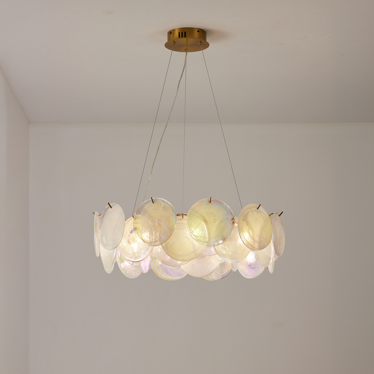 Modern Pearl Iridescent Glass Disc Chandelier