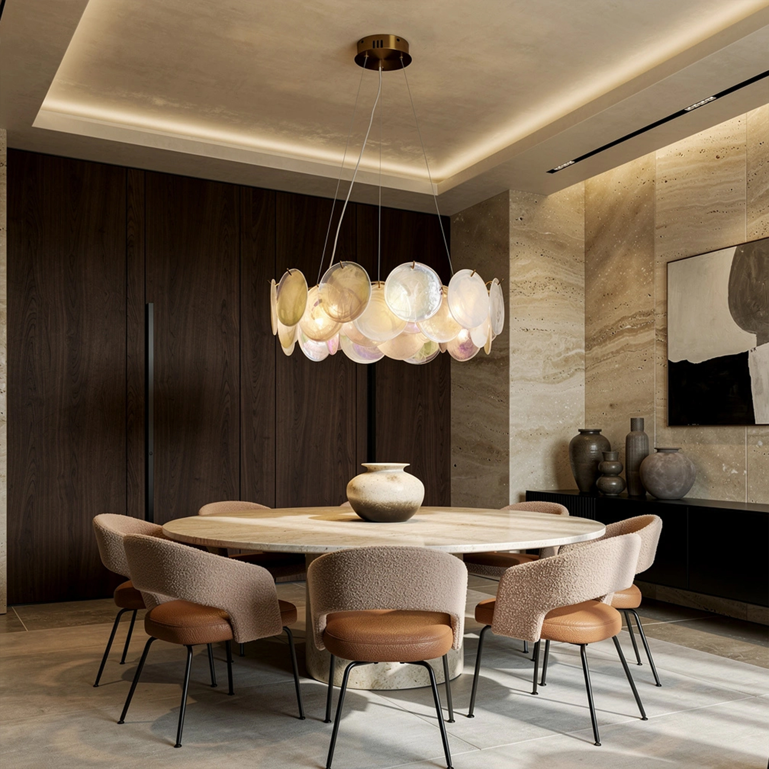 Modern Pearl Iridescent Glass Disc Chandelier