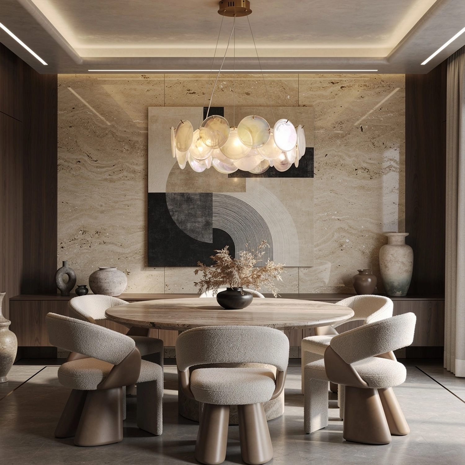 Modern Pearl Iridescent Glass Disc Chandelier