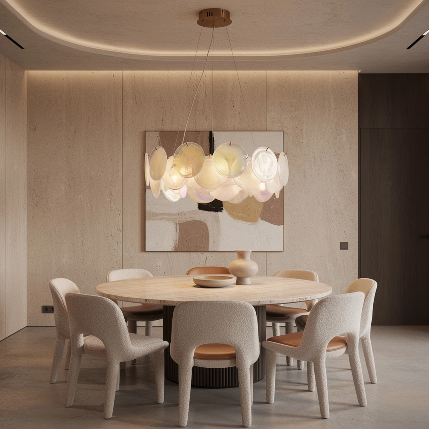 Modern Pearl Iridescent Glass Disc Chandelier