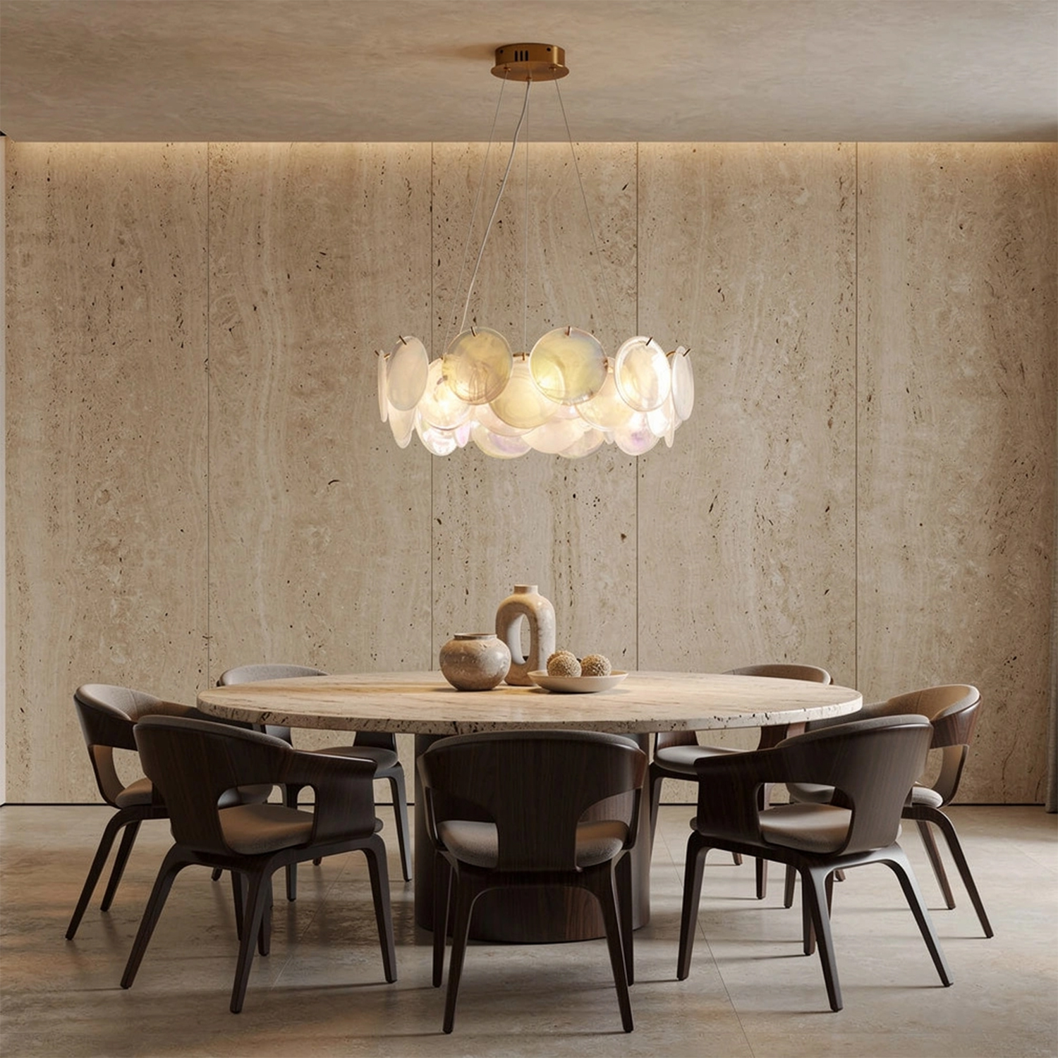 Modern Pearl Iridescent Glass Disc Chandelier