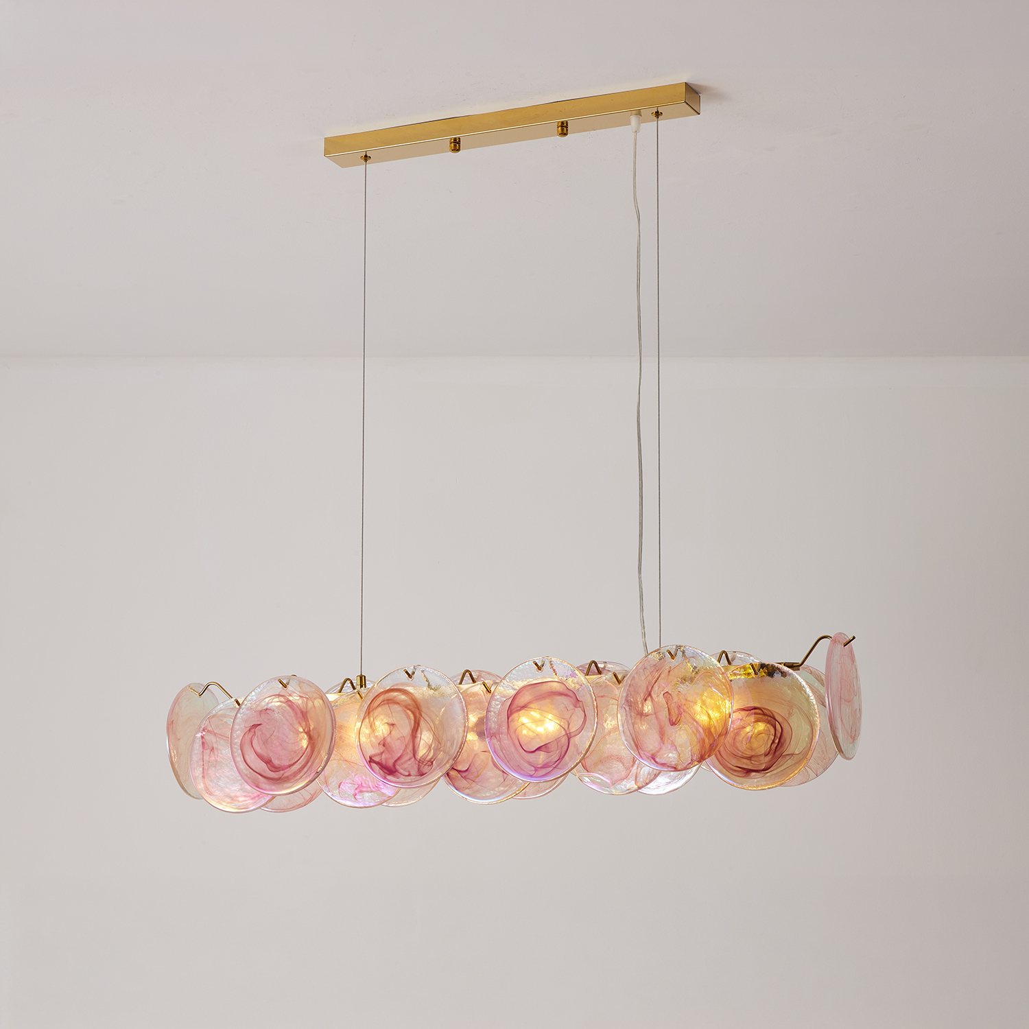 Modern Pink Iridescent Glass Disc Linear Chandelier