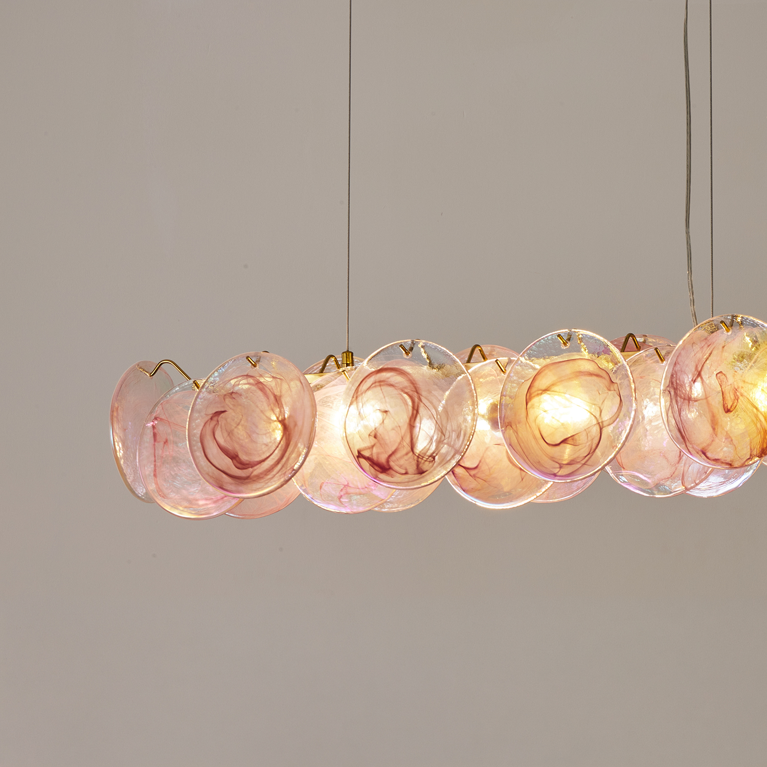 Modern Pink Iridescent Glass Disc Linear Chandelier