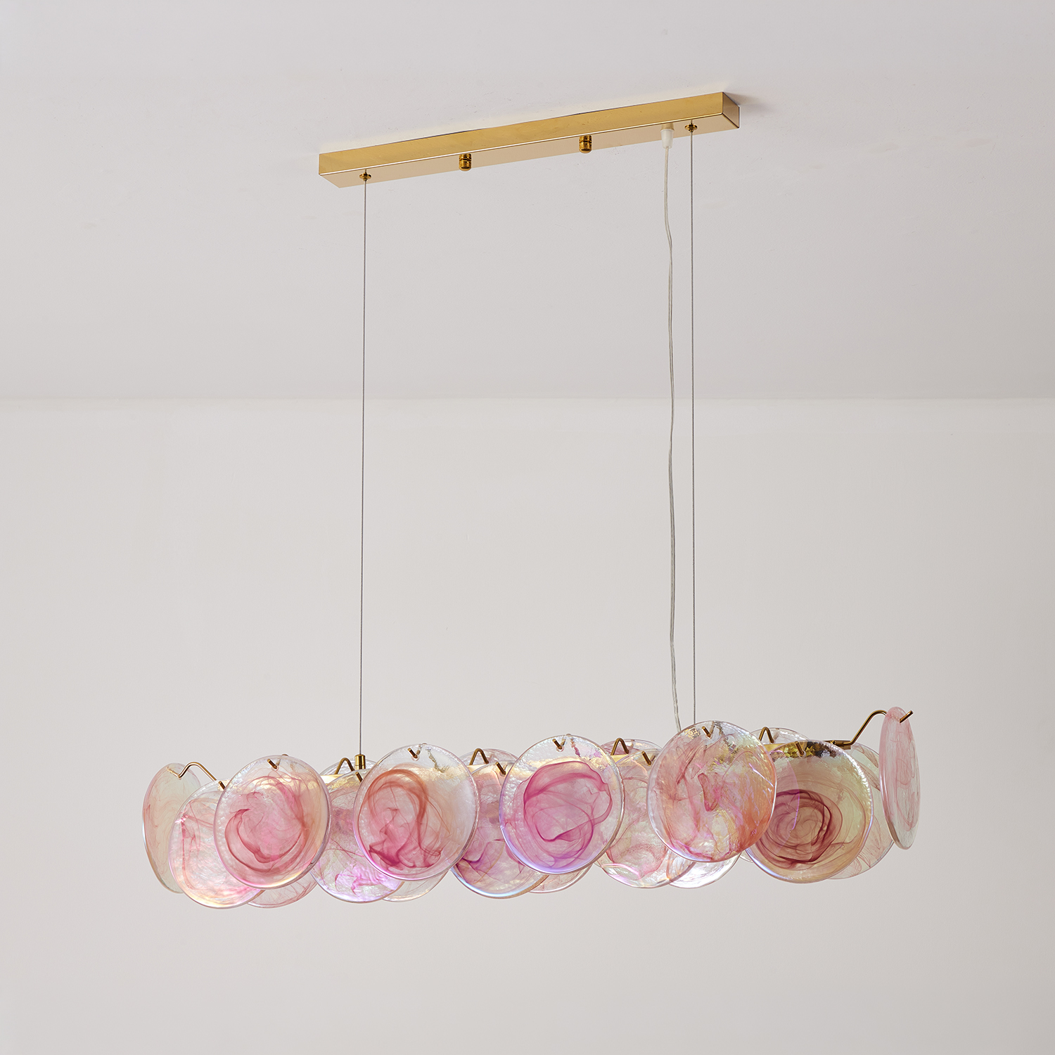 Modern Pink Iridescent Glass Disc Linear Chandelier