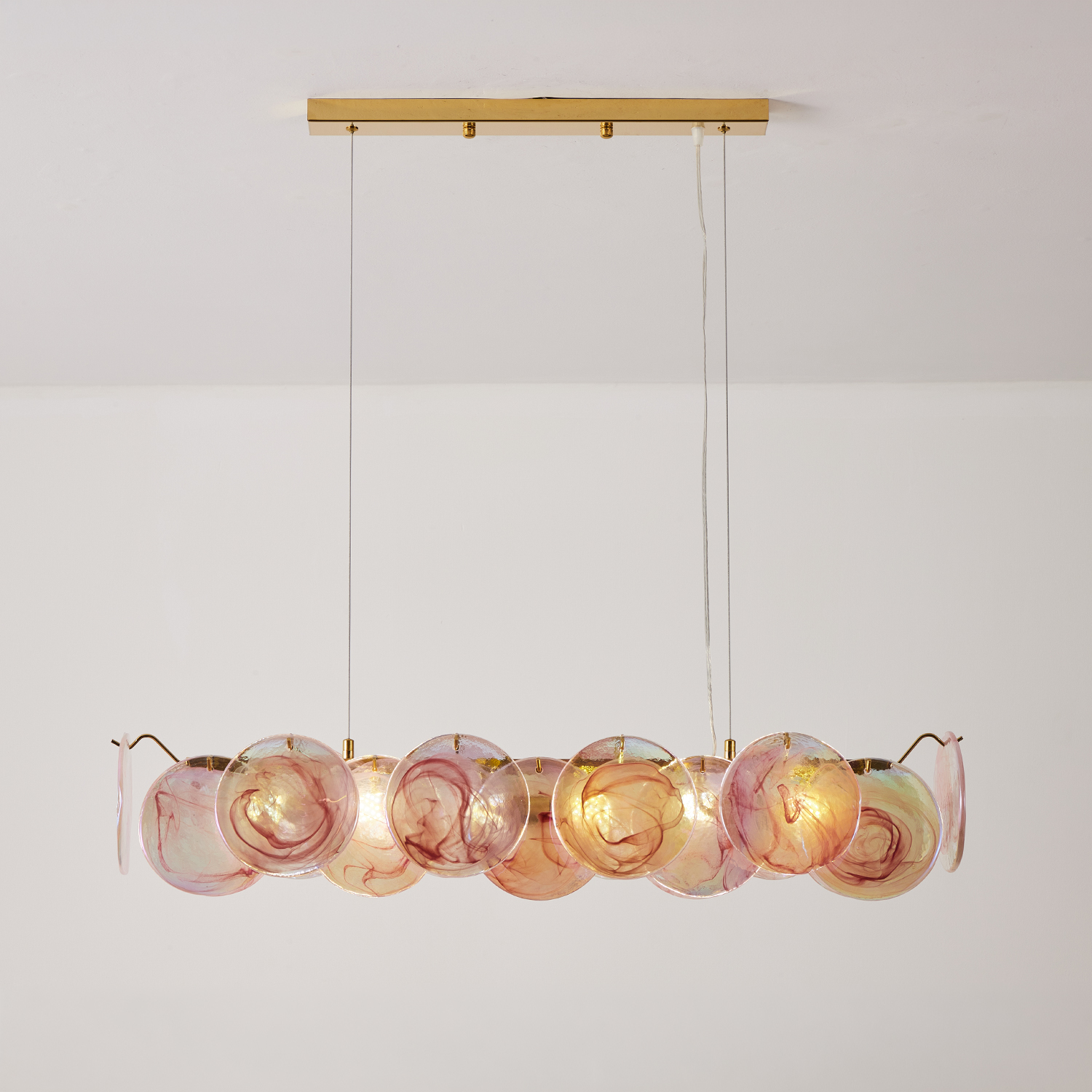 Modern Pink Iridescent Glass Disc Linear Chandelier