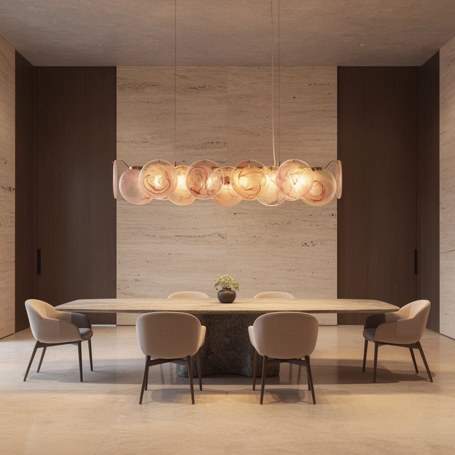 Modern Pink Iridescent Glass Disc Linear Chandelier