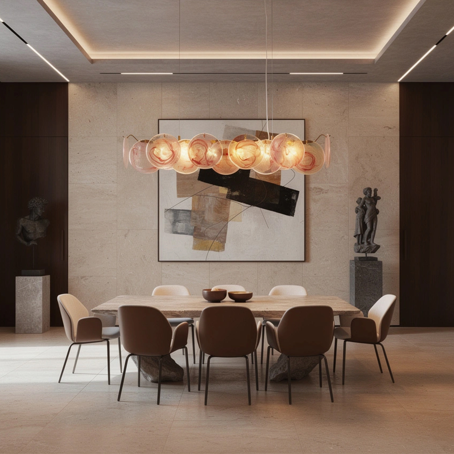 Modern Pink Iridescent Glass Disc Linear Chandelier