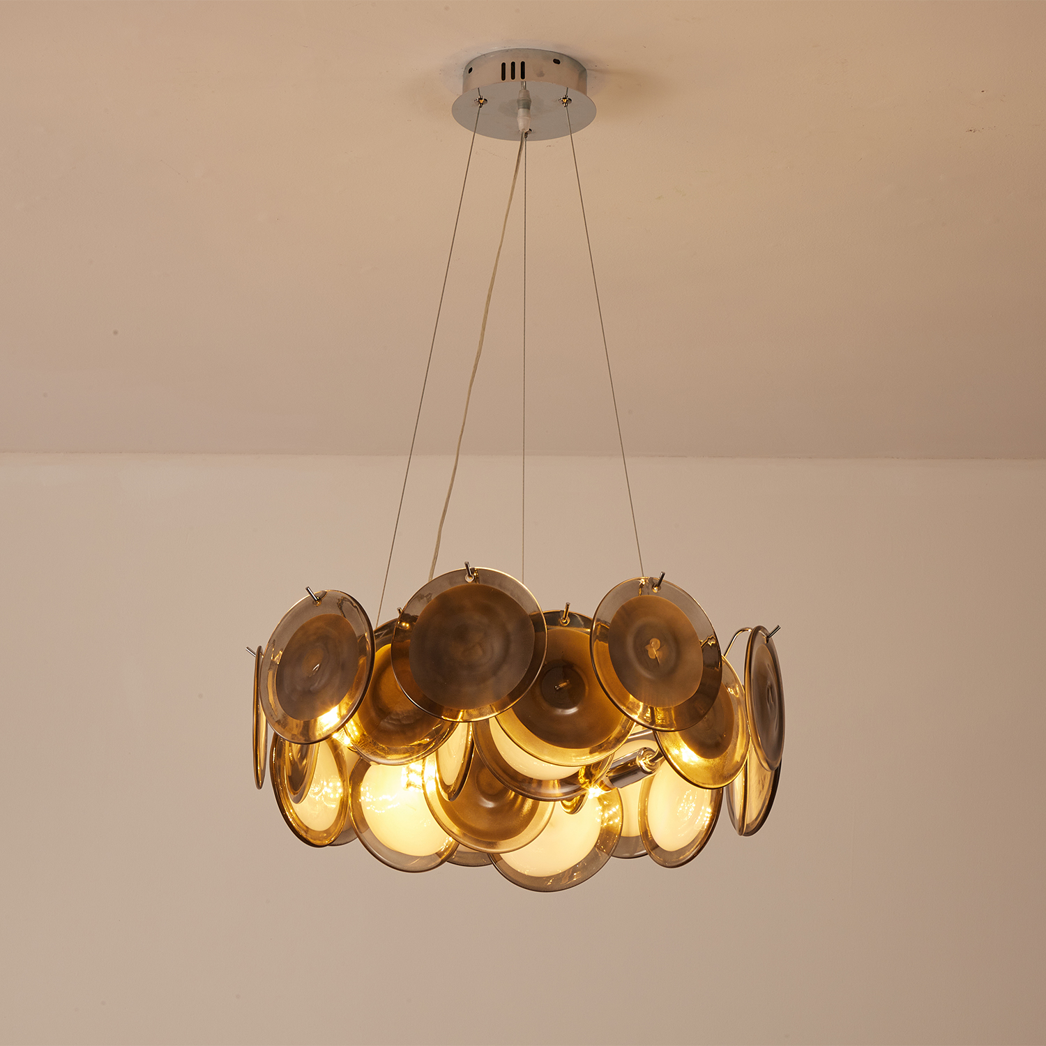 Modern Smoke Iridescent Glass Disc Chandelier