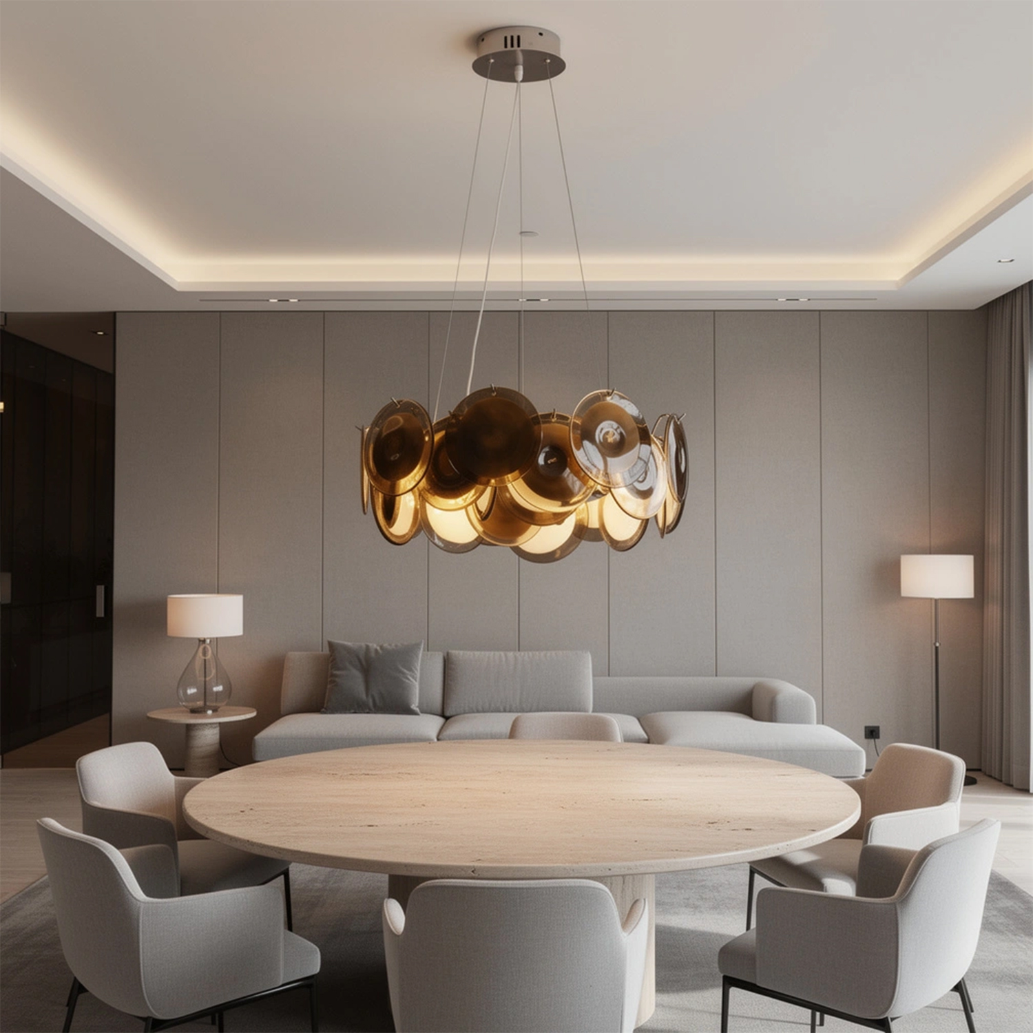 Modern Smoke Iridescent Glass Disc Chandelier