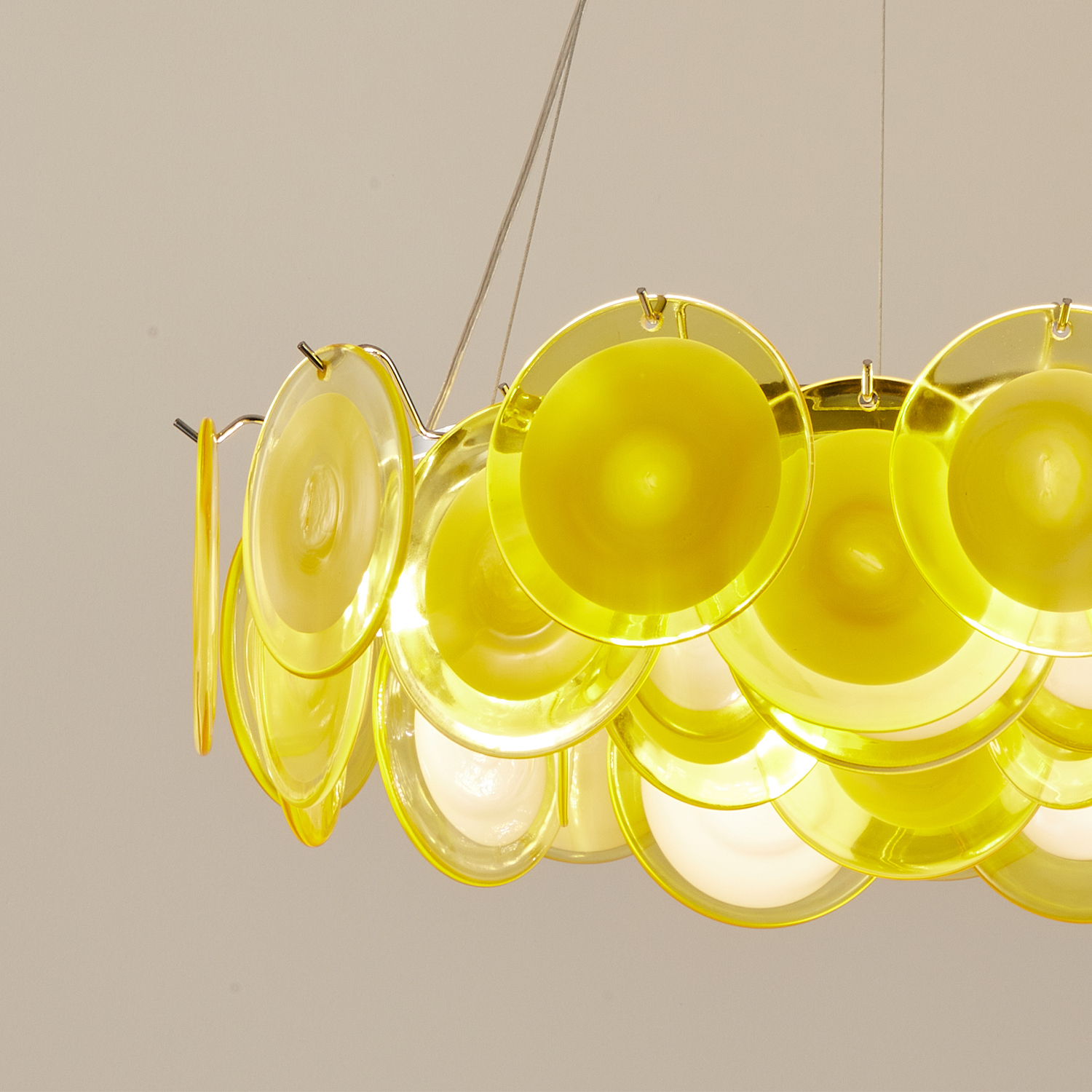 Modern Yellow Iridescent Glass Disc Chandelier