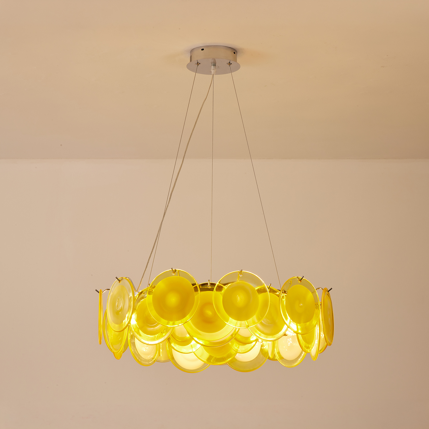 Modern Yellow Iridescent Glass Disc Chandelier