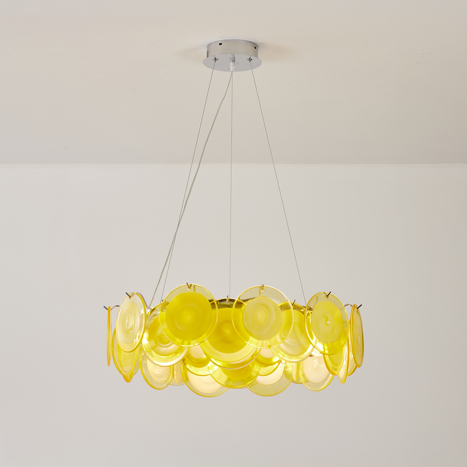 Modern Yellow Iridescent Glass Disc Chandelier