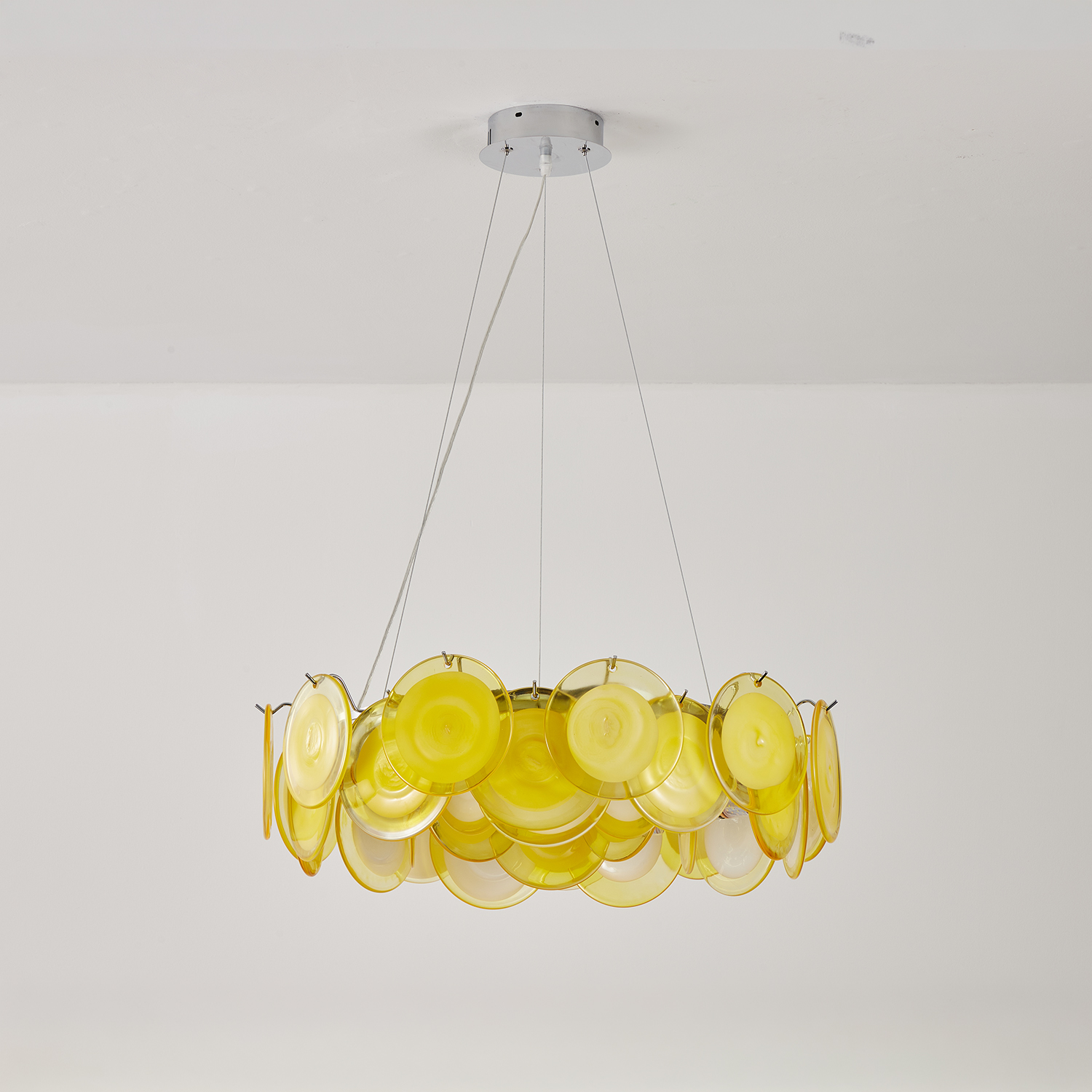 Modern Yellow Iridescent Glass Disc Chandelier