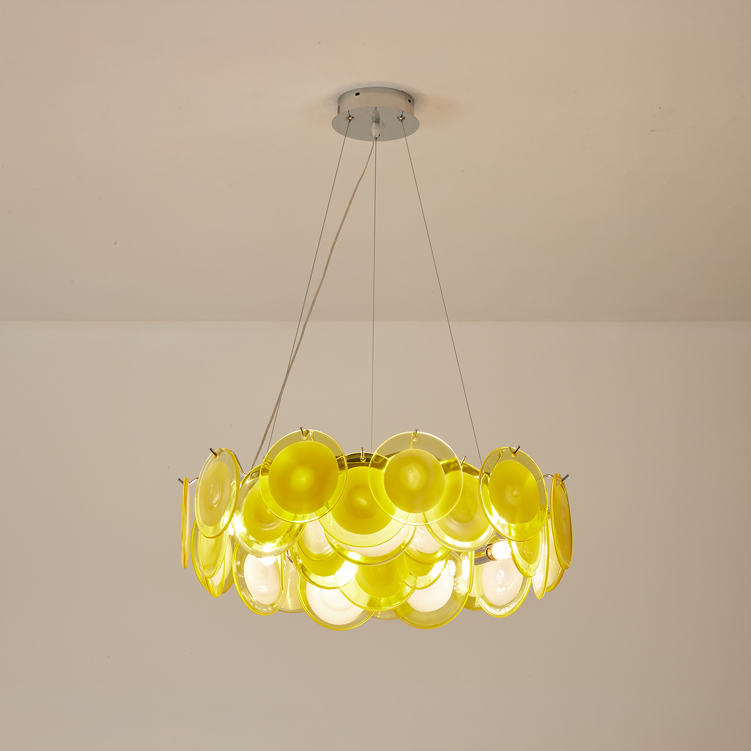 Modern Yellow Iridescent Glass Disc Chandelier