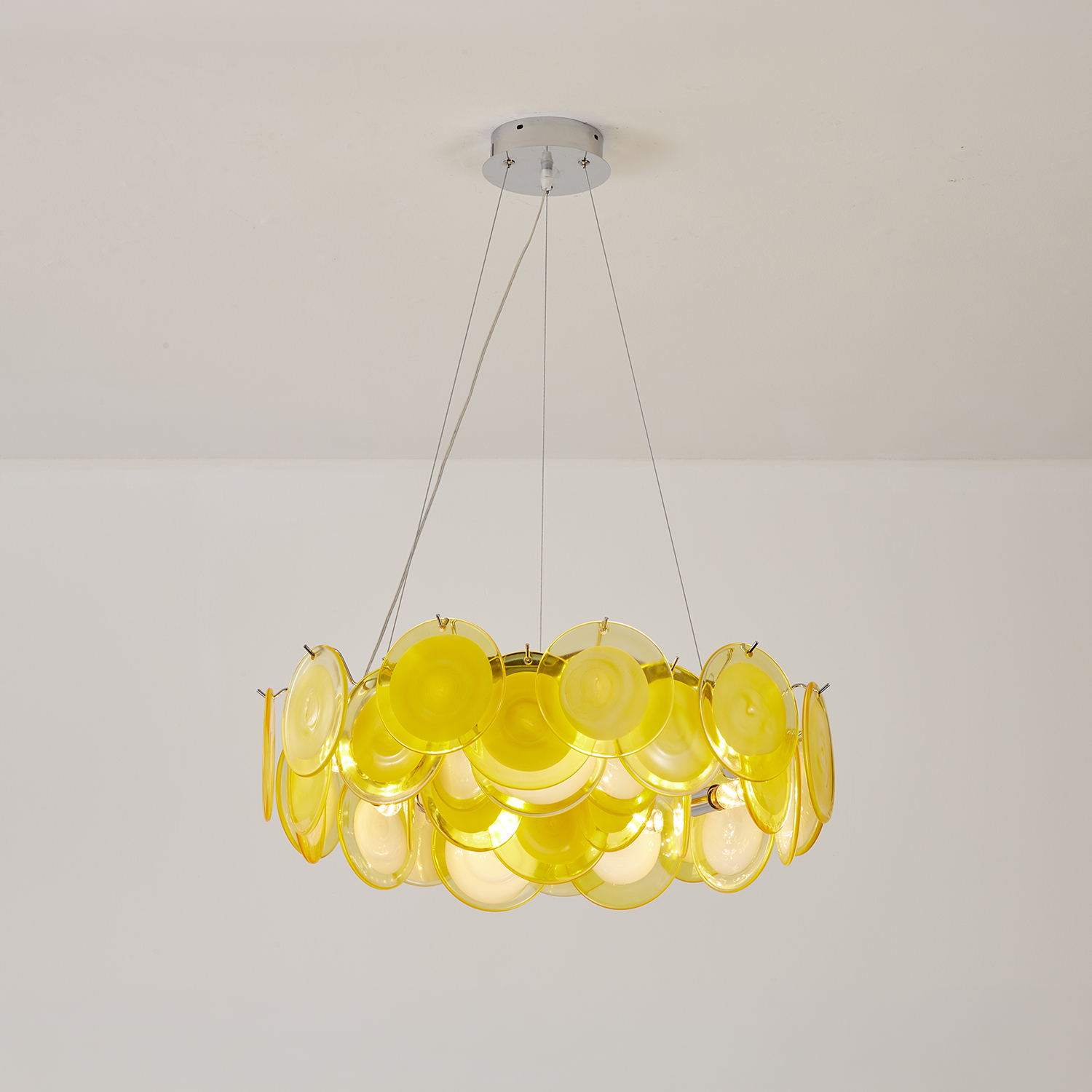 Modern Yellow Iridescent Glass Disc Chandelier