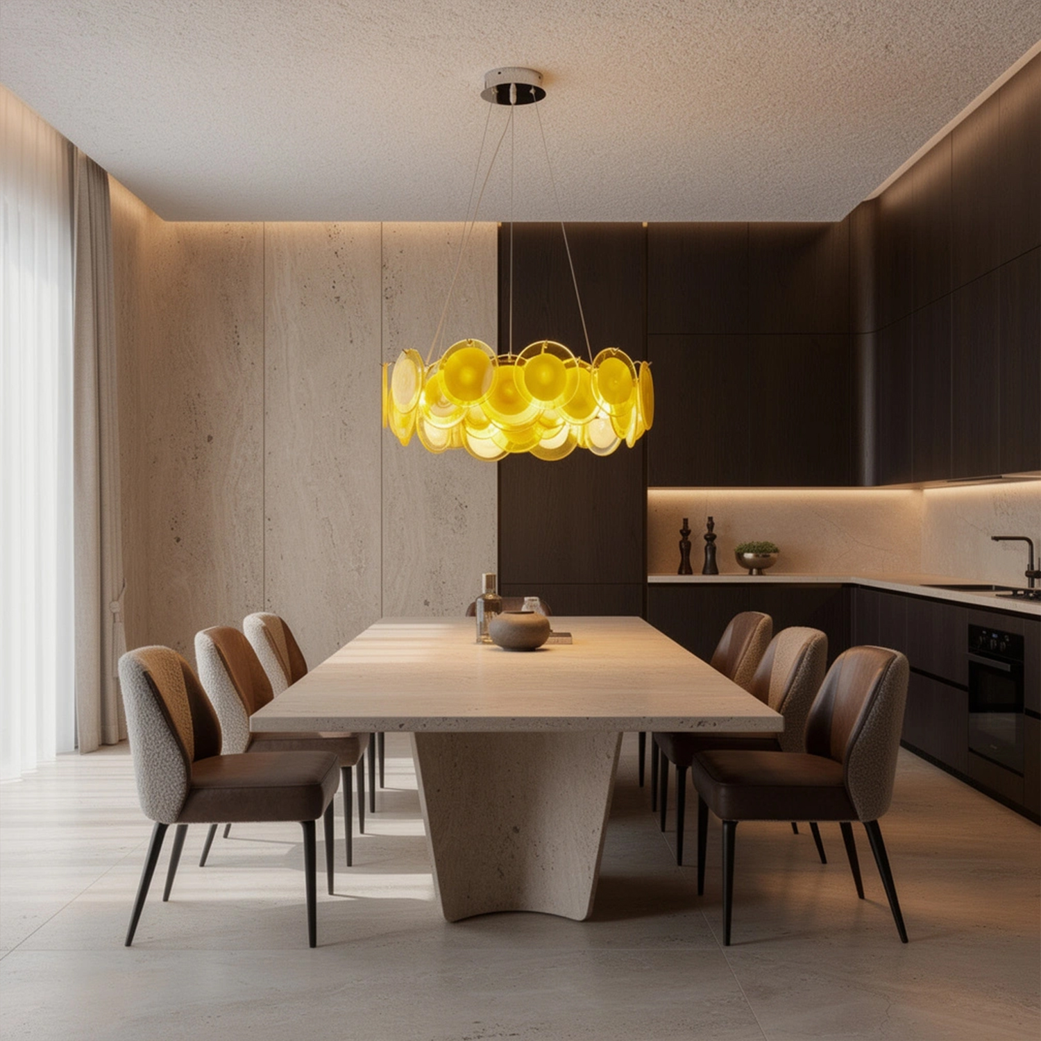 Modern Yellow Iridescent Glass Disc Chandelier
