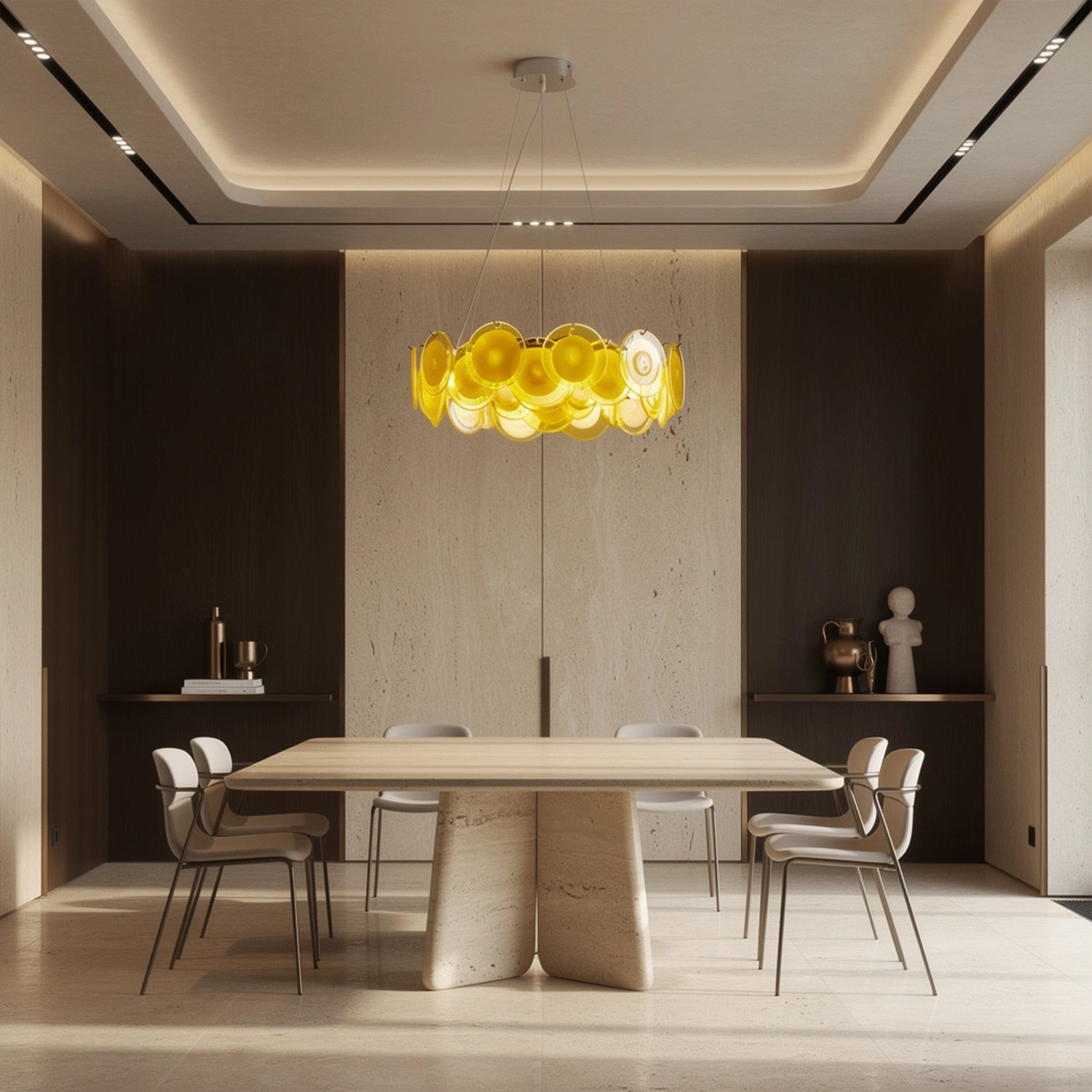 Modern Yellow Iridescent Glass Disc Chandelier