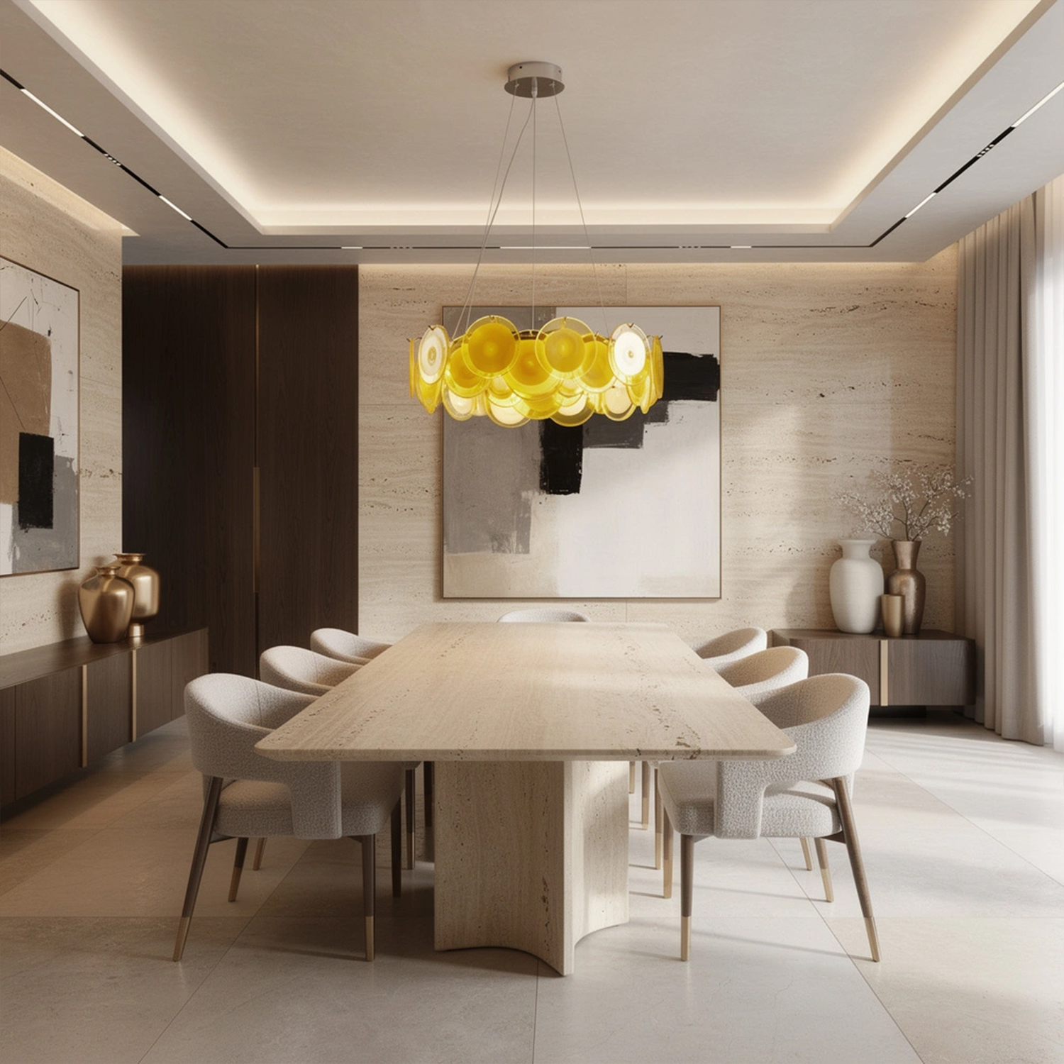 Modern Yellow Iridescent Glass Disc Chandelier