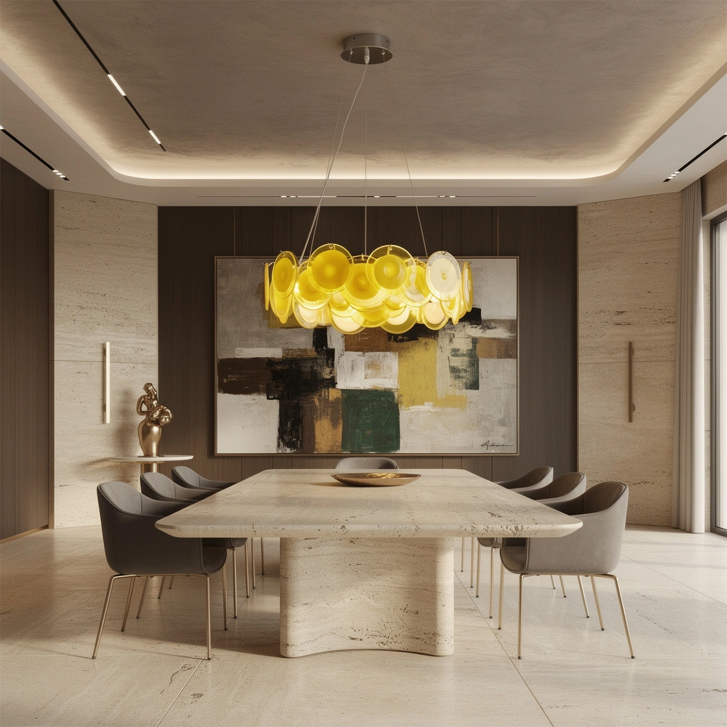 Modern Yellow Iridescent Glass Disc Chandelier