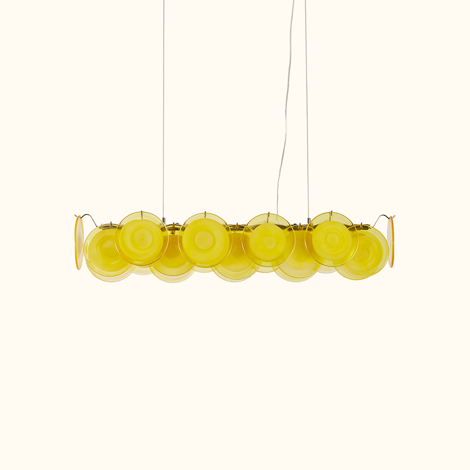 Modern Yellow Iridescent Glass Disc Linear Chandelier