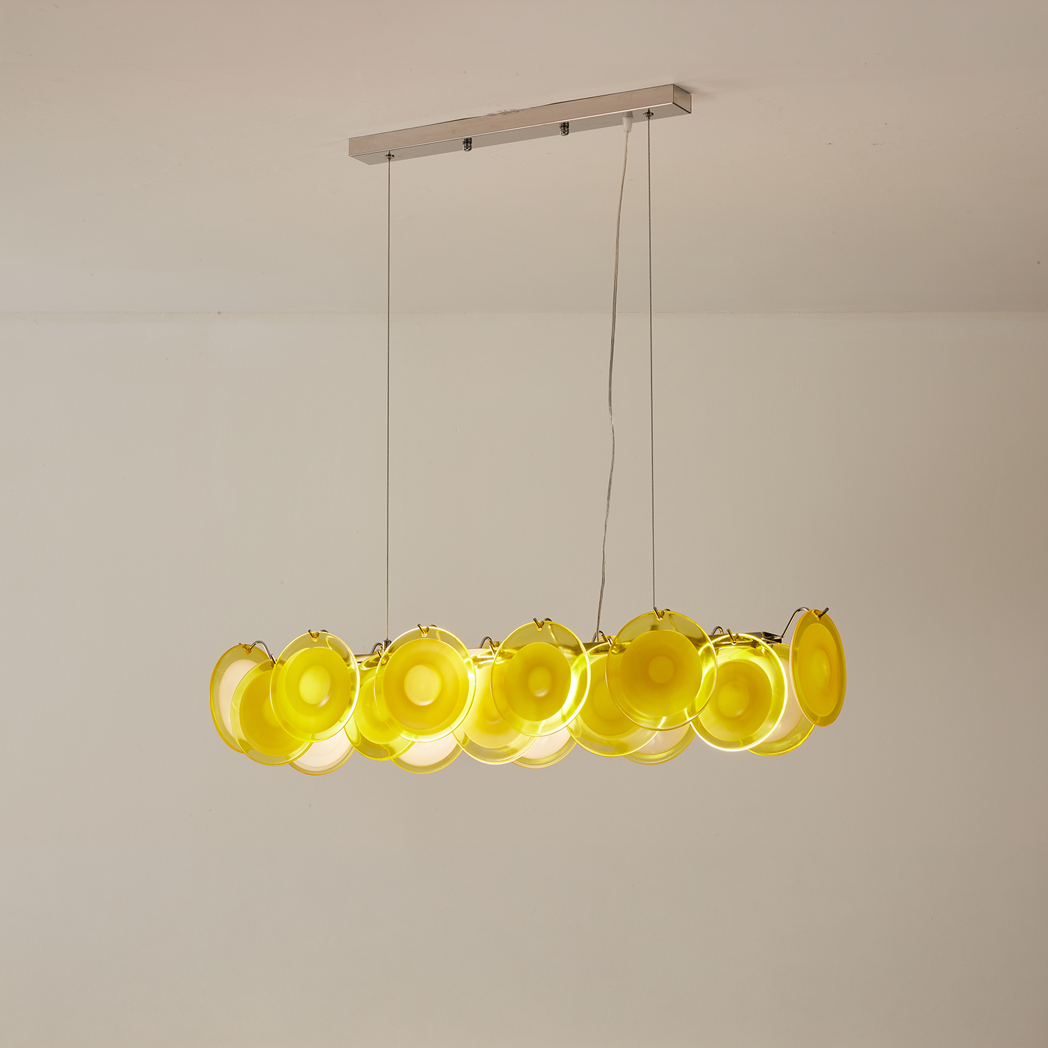 Modern Yellow Iridescent Glass Disc Linear Chandelier