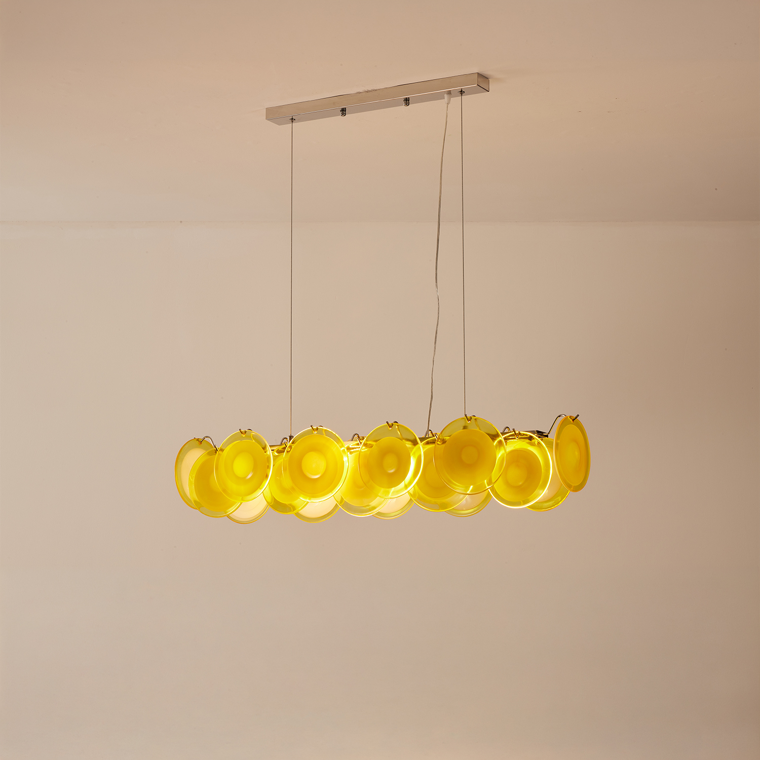 Modern Yellow Iridescent Glass Disc Linear Chandelier