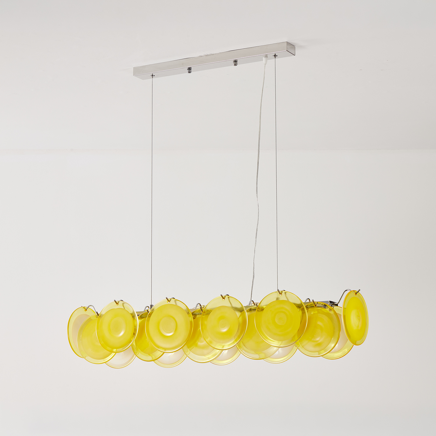 Modern Yellow Iridescent Glass Disc Linear Chandelier