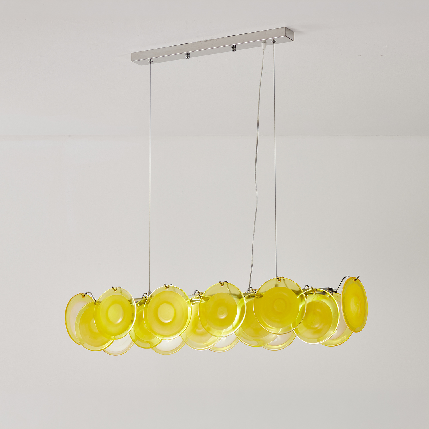 Modern Yellow Iridescent Glass Disc Linear Chandelier