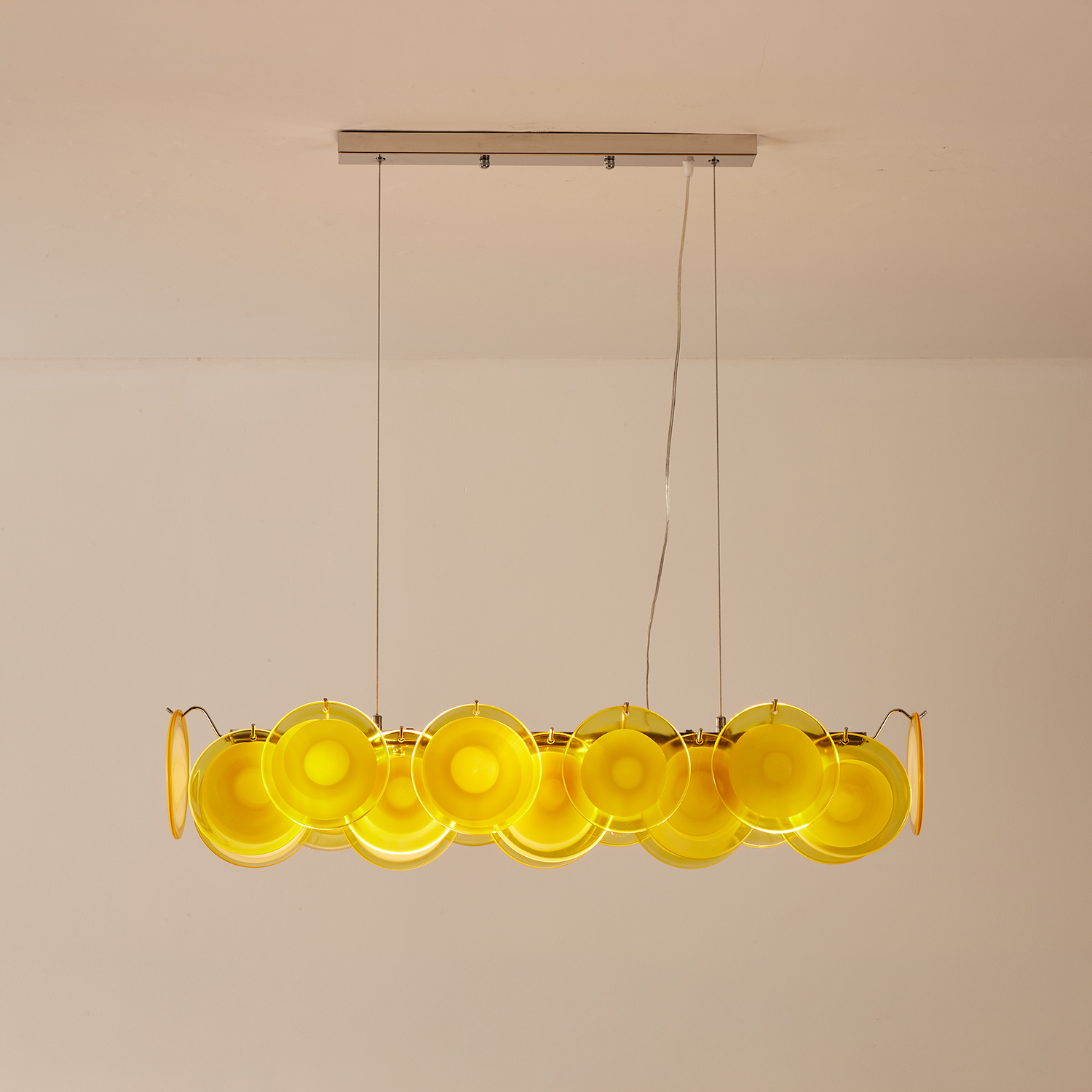 Modern Yellow Iridescent Glass Disc Linear Chandelier