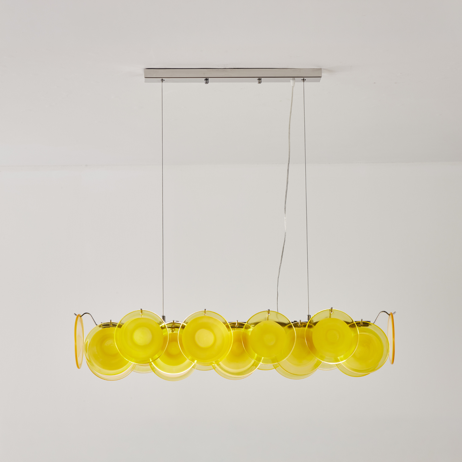 Modern Yellow Iridescent Glass Disc Linear Chandelier