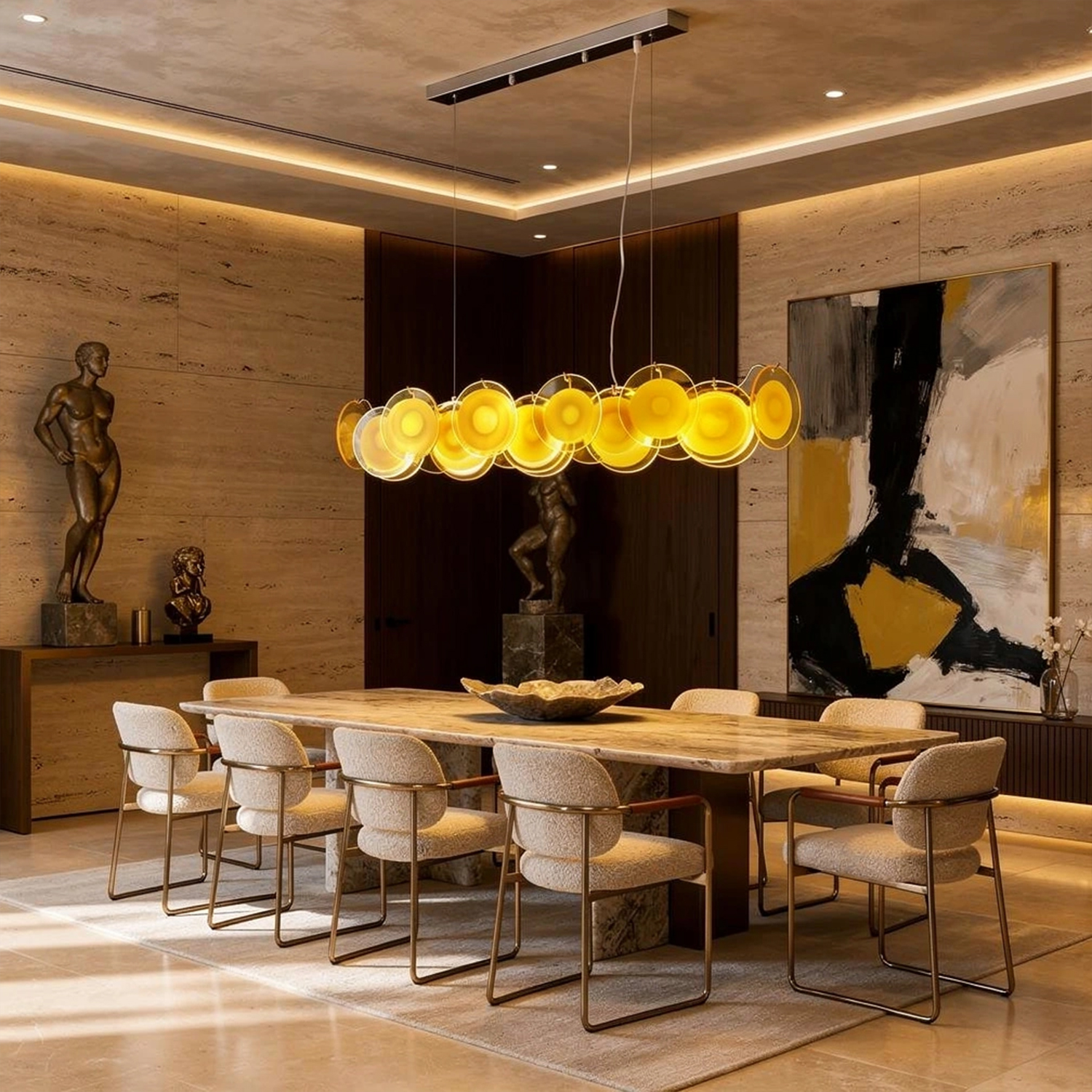 Modern Yellow Iridescent Glass Disc Linear Chandelier