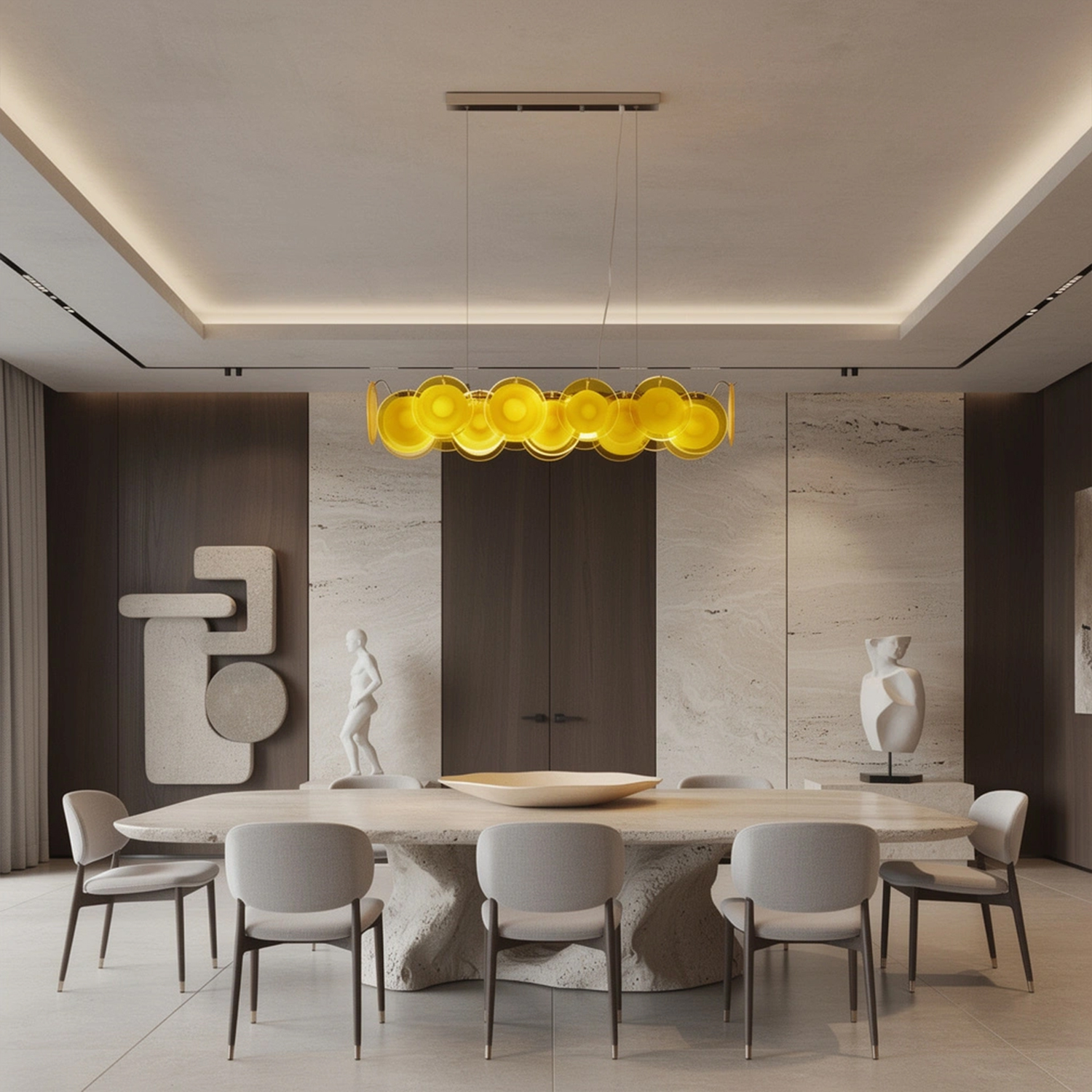 Modern Yellow Iridescent Glass Disc Linear Chandelier