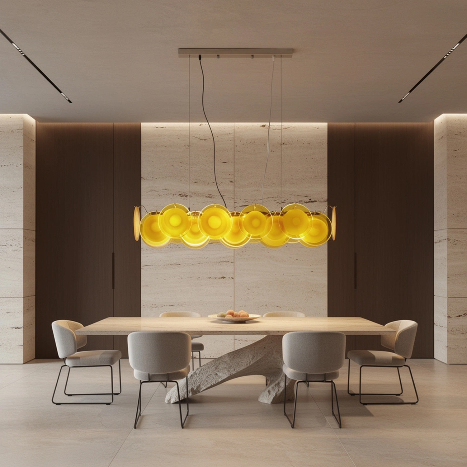 Modern Yellow Iridescent Glass Disc Linear Chandelier