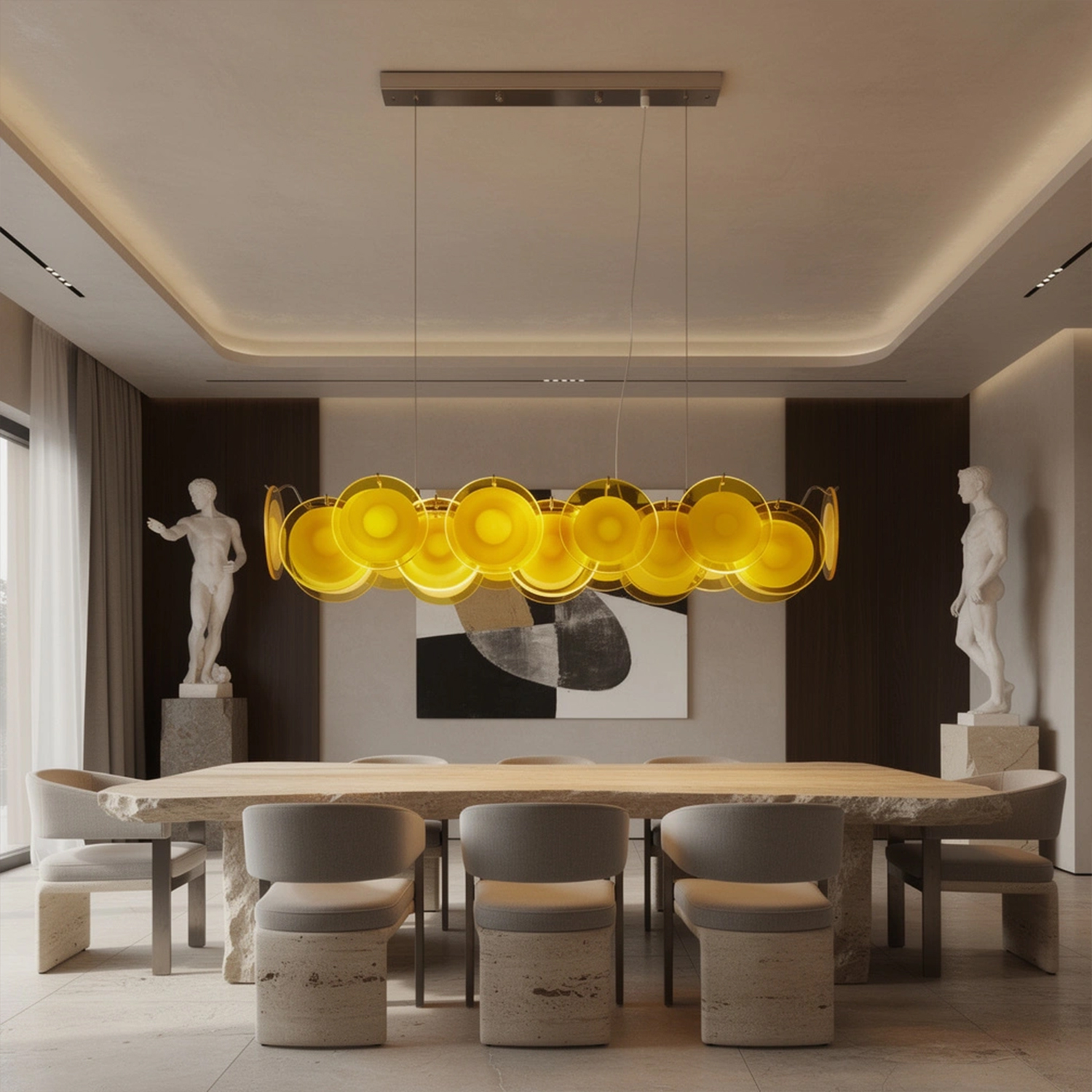 Modern Yellow Iridescent Glass Disc Linear Chandelier