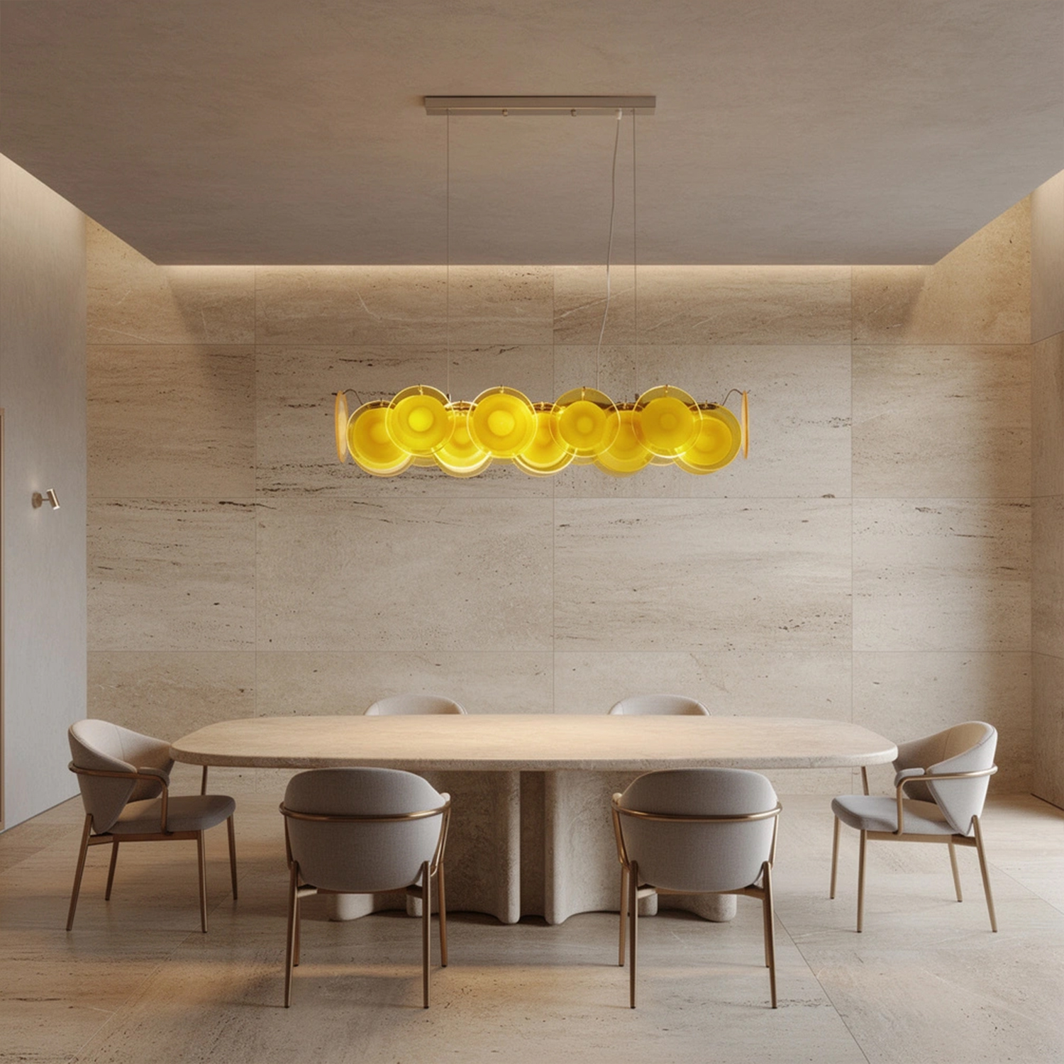 Modern Yellow Iridescent Glass Disc Linear Chandelier