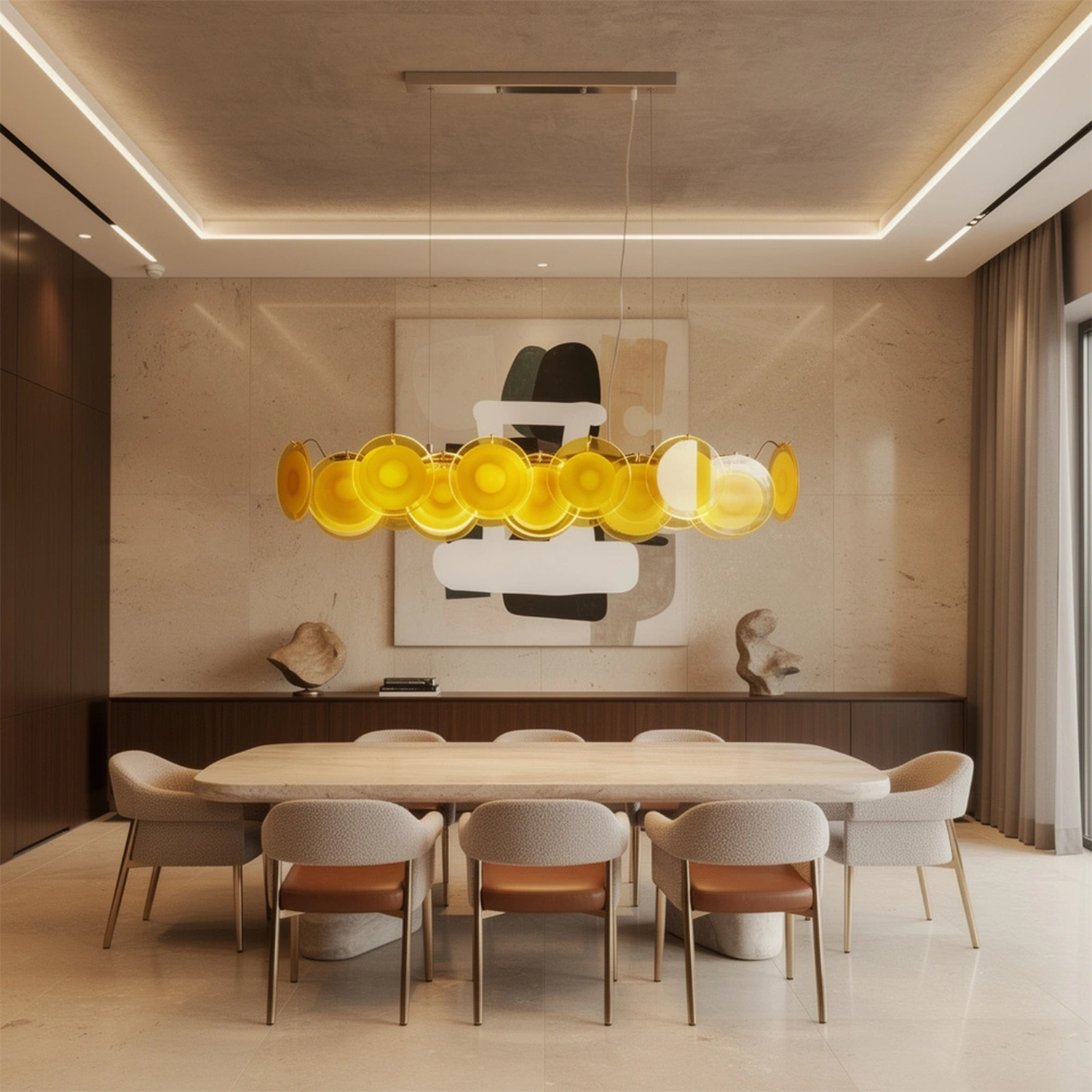 Modern Yellow Iridescent Glass Disc Linear Chandelier